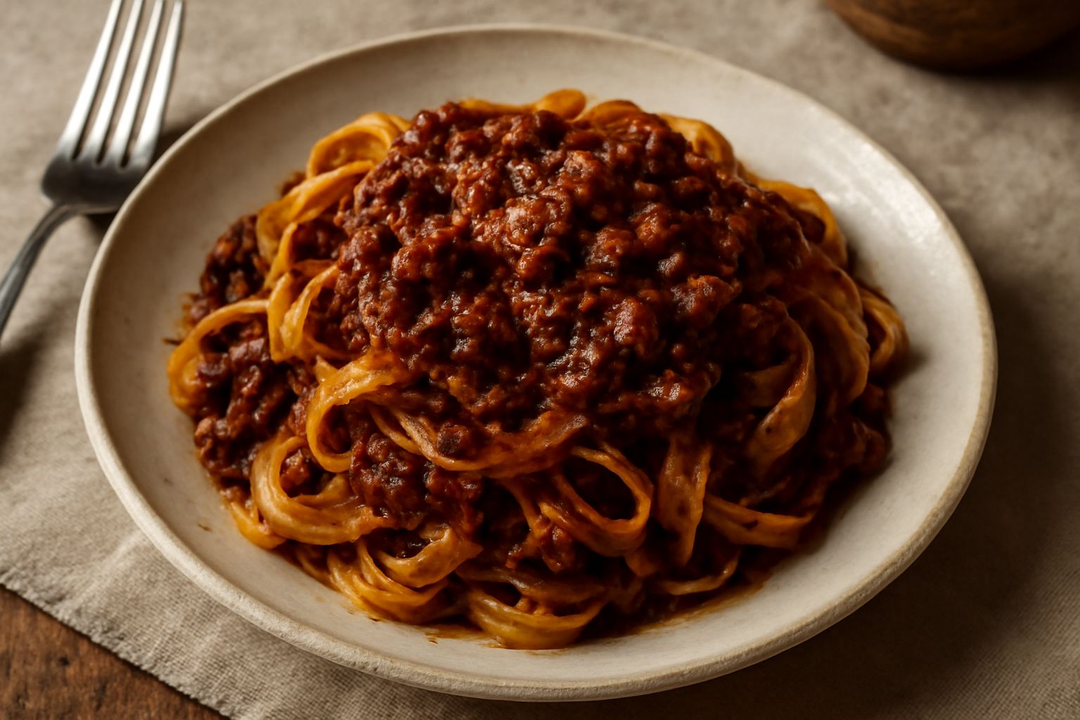 Tagliatelle al ragù di cervo servite in un piatto fondo bianco, pasta gialla ricoperta da ragù rosso scuro con pezzetti visibili di selvaggina, grana padano grattugiato sopra, basilico fresco sul bord