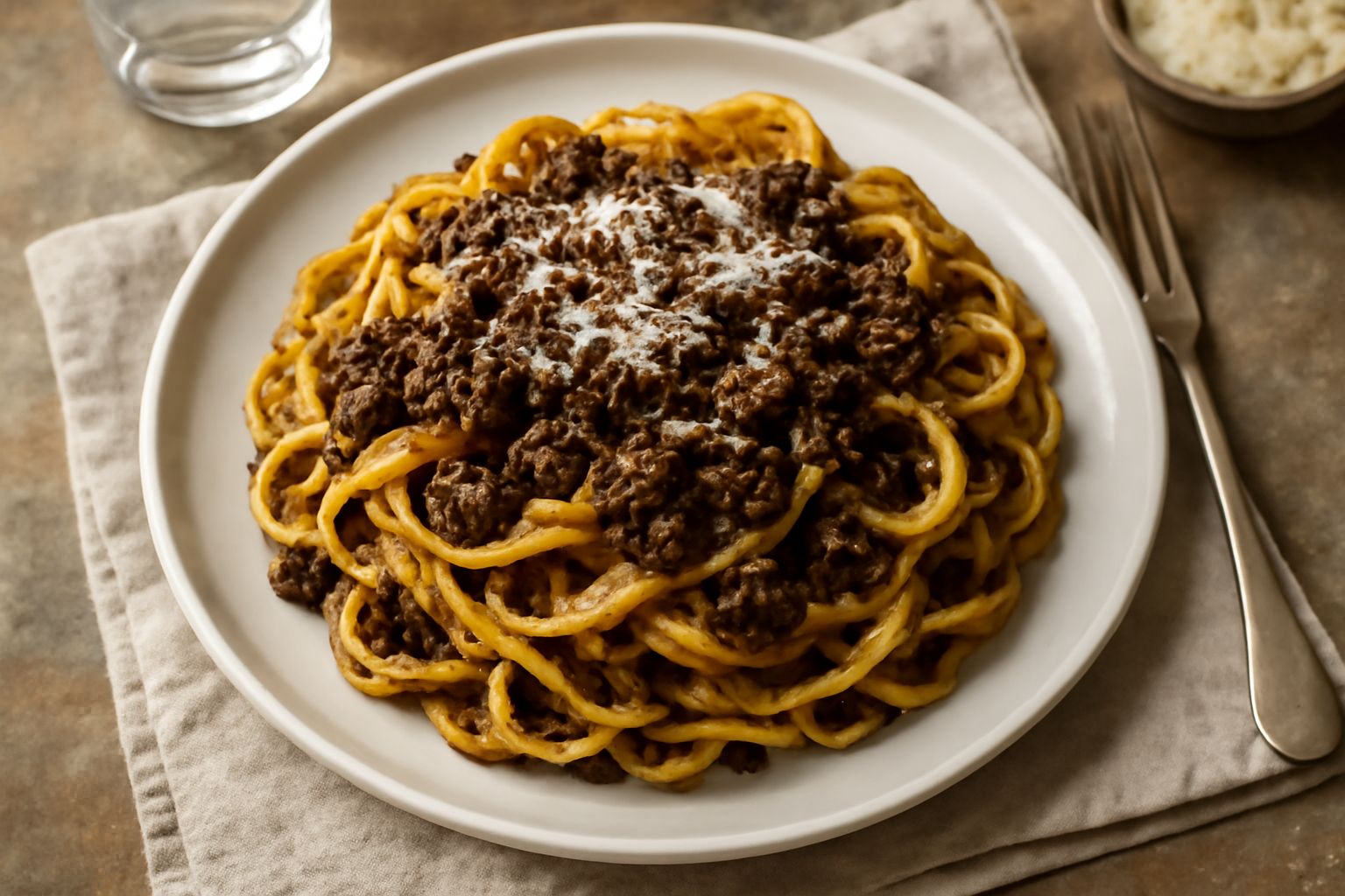 Piatto di tagliatelle color oro ricche di ragù scuro e denso, con gocce lucide di grasso, parsemonia di parmigiano reggiano bianco e prezzemolo verde fresco, servito su ceramica bianca.