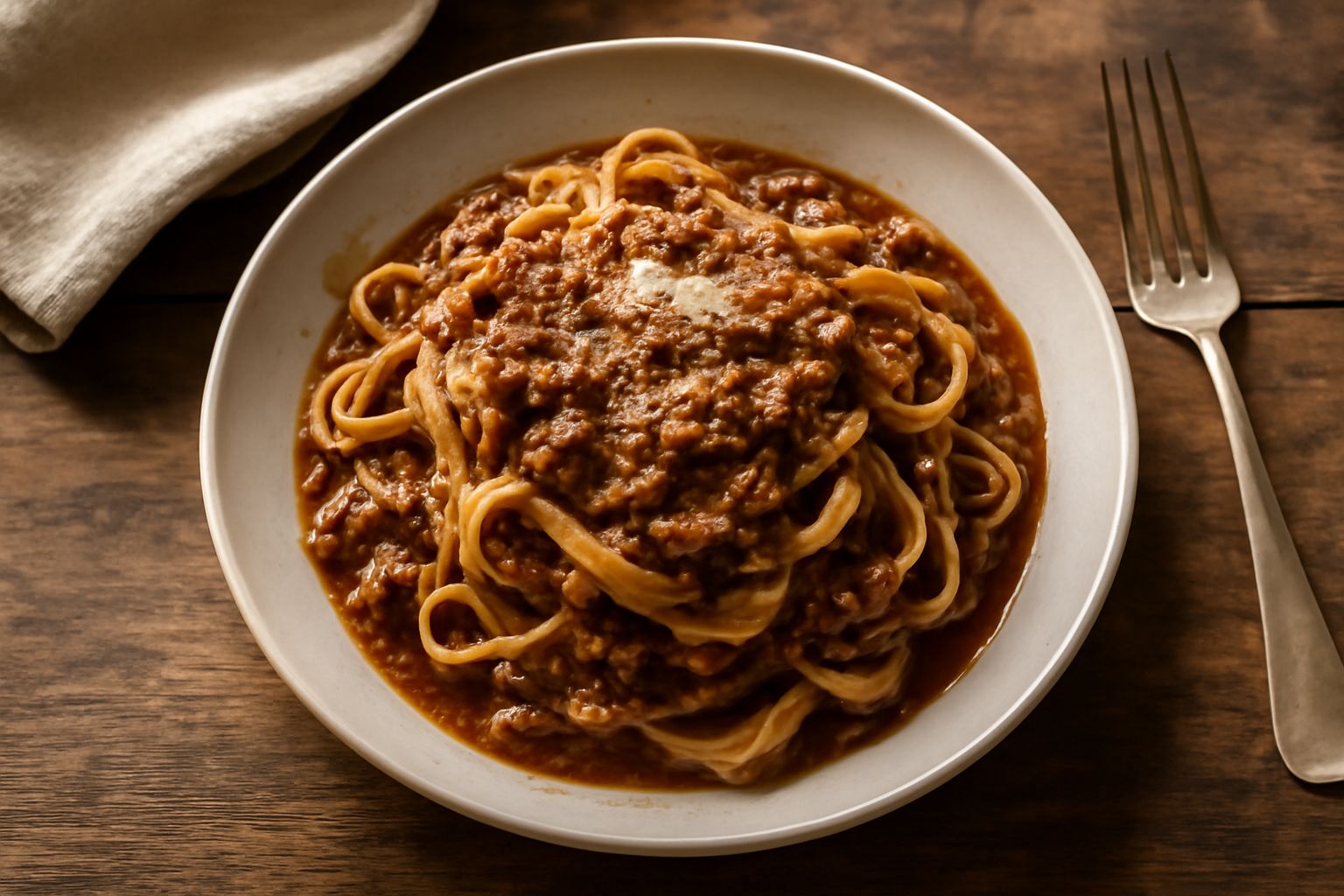 Piatto bianco con tagliatelle fresche all'uovo coperte di ragù marrone scuro, guarnite con parmigiano grattugiato bianco e una foglia di prezzemolo fresco verde al centro