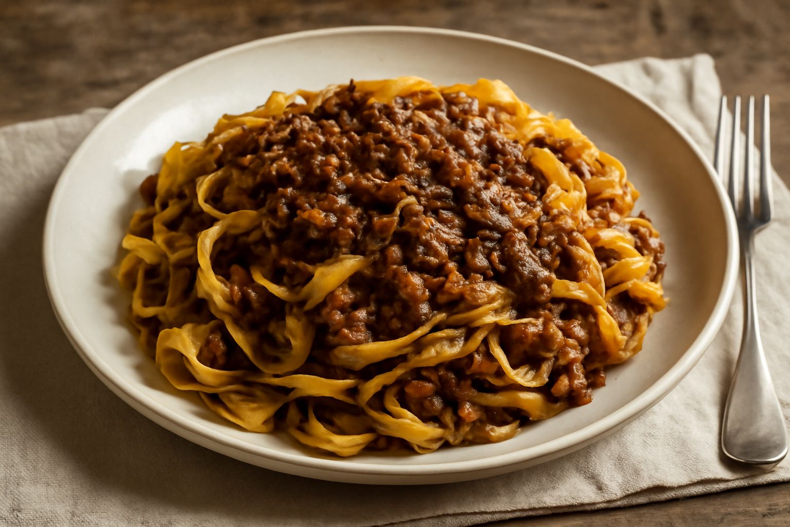 Tagliatelle dorate al ragù di lepre scuro in piatto bianco, carne sminuzzata a vista, salsa densa e lucida, rametto di rosmarino fresco sulla pasta, fondo neutro