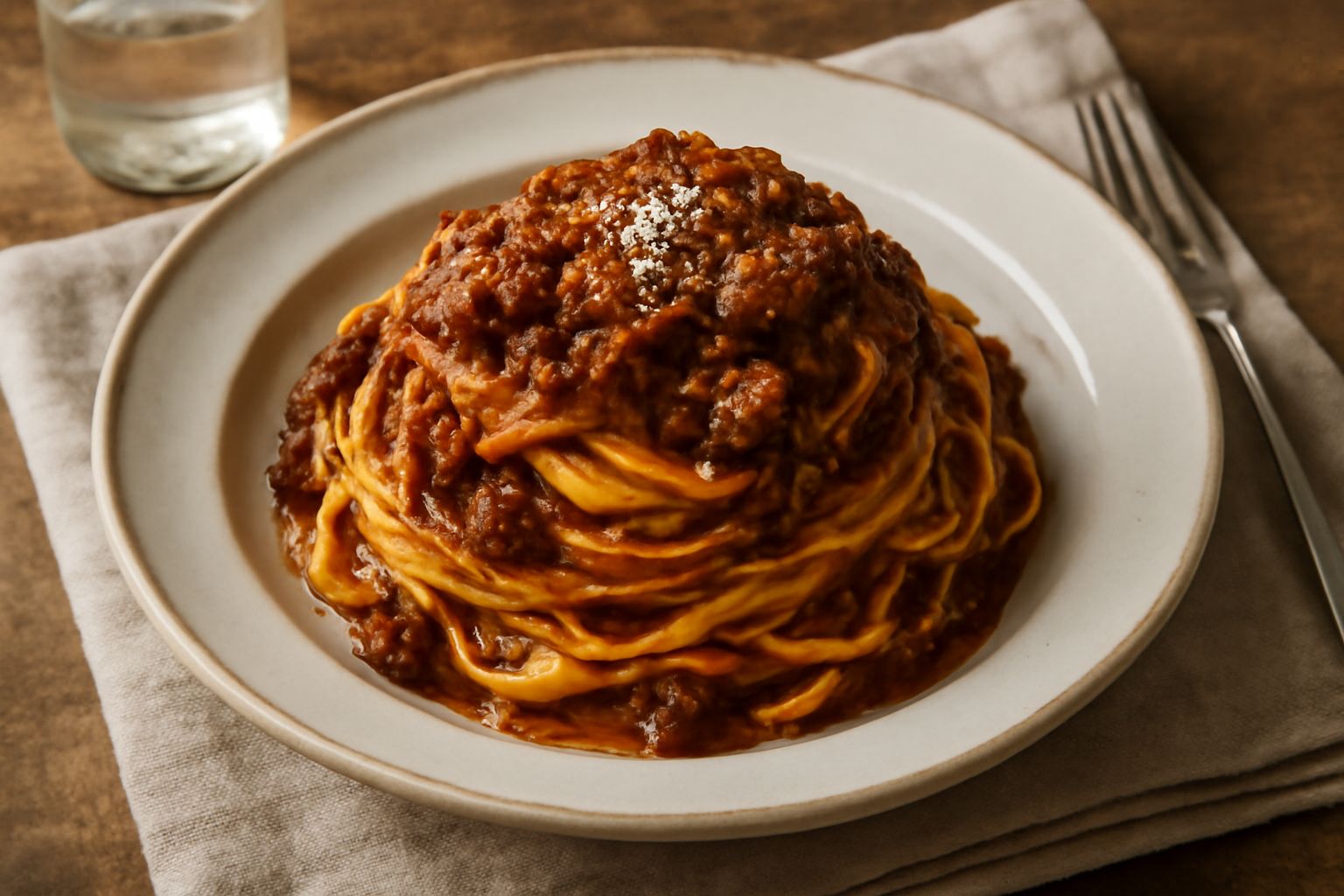 Piatto di tagliatelle all'uovo ricoperte di ragù marrone scuro, guarnite con formaggio grattugiato e prezzemolo verde, su un fondo bianco.