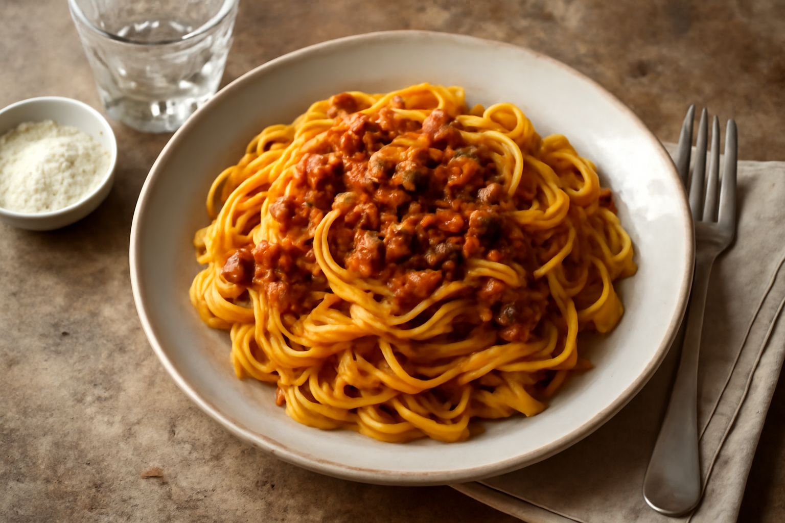 Soffritto di cipolla, carota e sedano rosolato in pentola di ghisa con ragù bolognese in cottura lenta, vapore caldo e colore marrone scuro