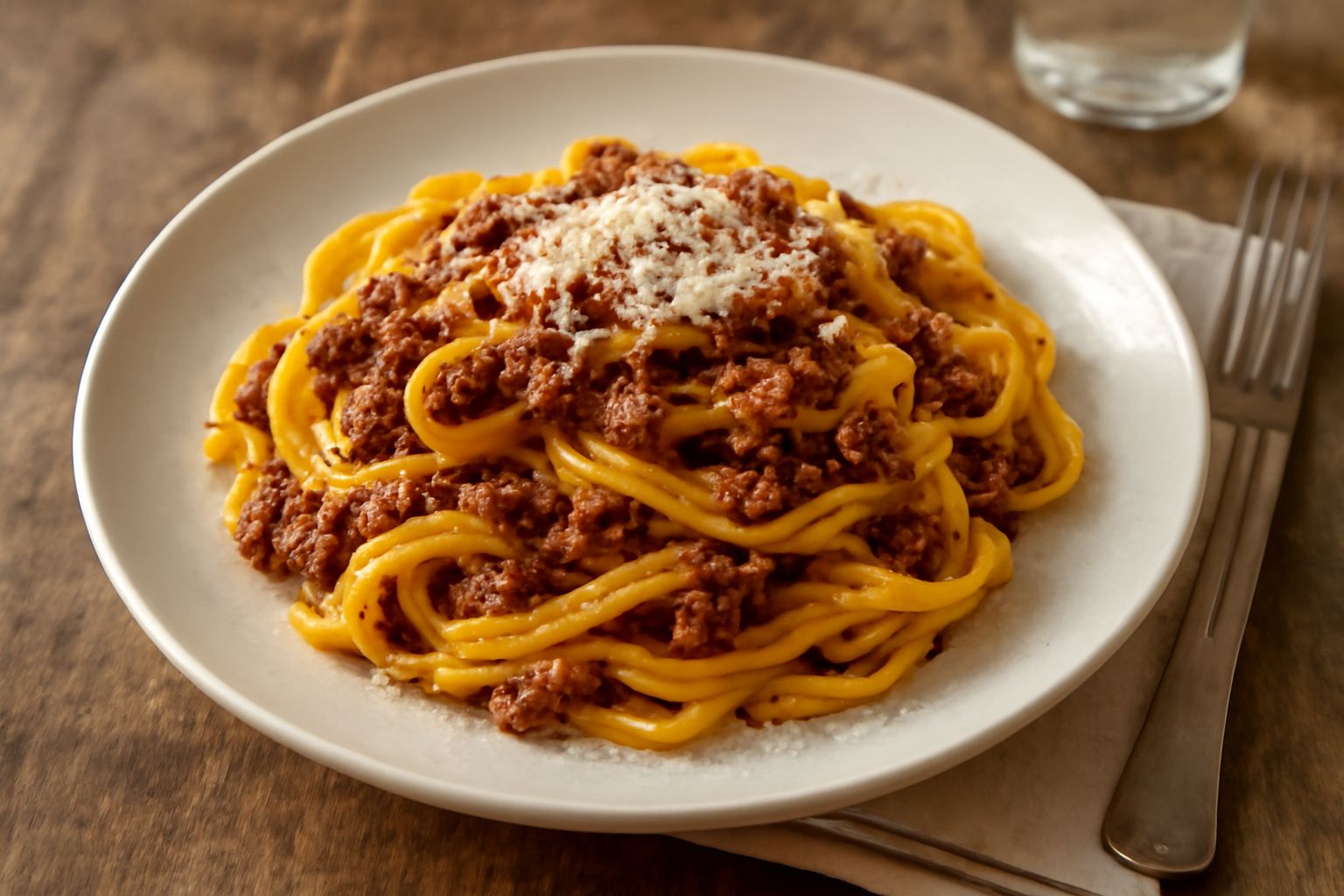 Piatto di tagliatelle al ragù vicentino: pasta fresca giallo oro avvolta attorno a sé, ricoperta di ragù marrone scuro con visibili pezzetti di carne, formaggio grana grattugiato in superficie, servit