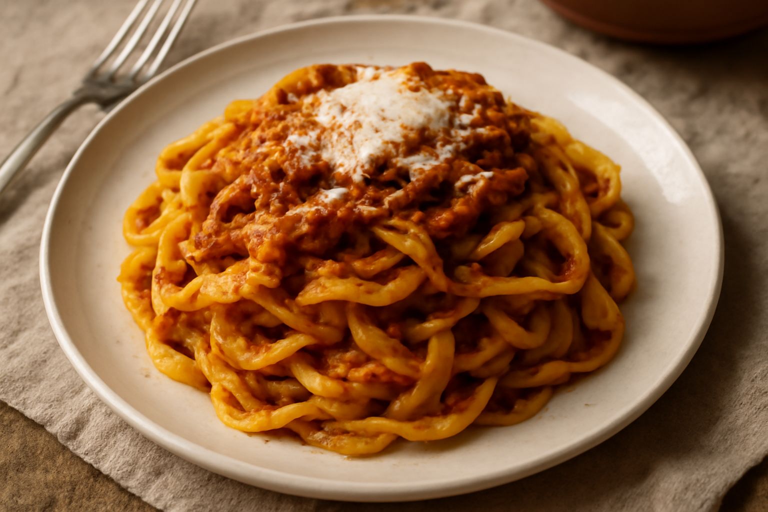Tagliatelle fresche gialle servite in piatto bianco, ricoperte di ragù rosso-marrone denso, con grana grattugiato giallo panna e un cucchiaio di metallo appoggiato sul bordo