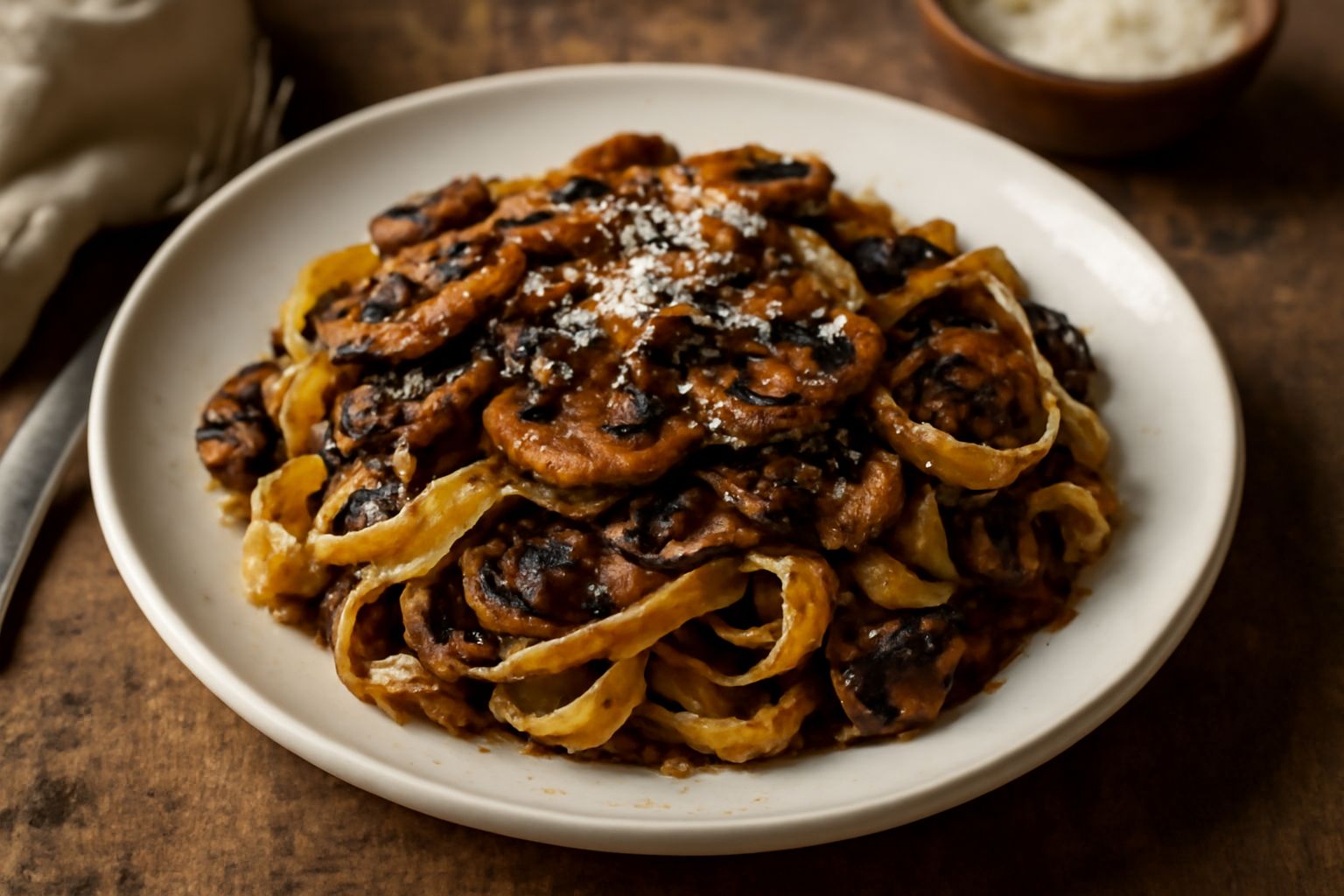 Piatto di tagliatelle all'uovo con sugo marrone scuro di funghi trifolati, guarnito con prezzemolo fresco verde e una grattugiata di parmigiano, su fondo bianco