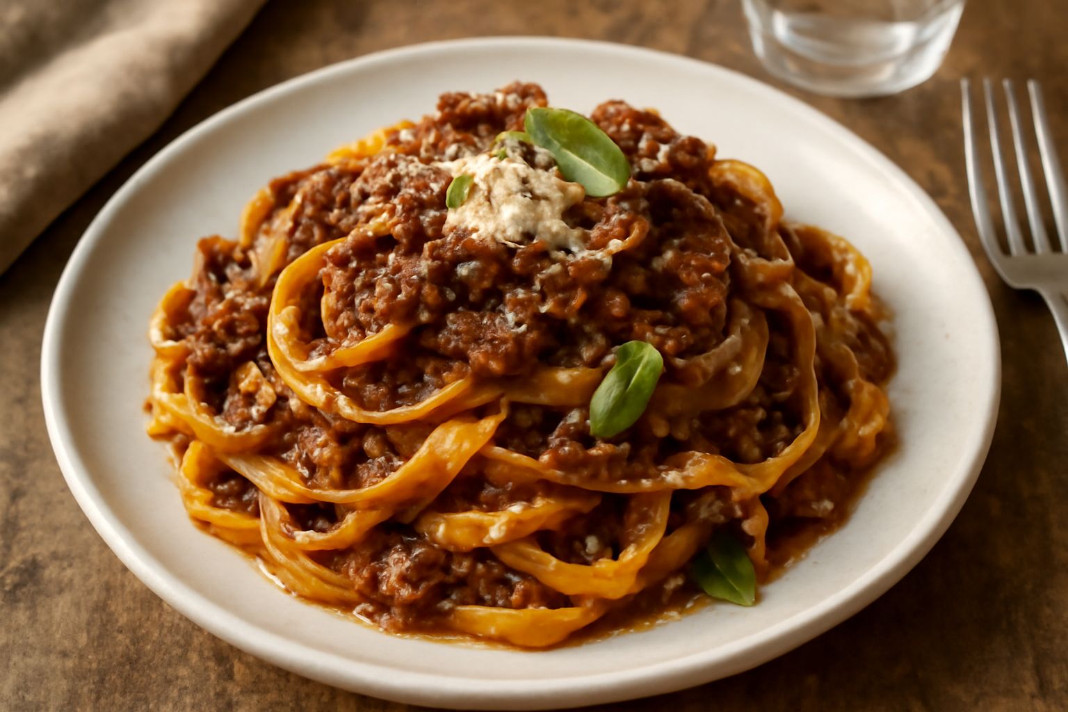 Piatto di tagliatelle fresco al sugo di lepre servito in ciotola di ceramica bianca, pasta color oro ricoperta da salsa marrone scura e aromatica, guarnito con formaggio grattugiato e prezzemolo fresc