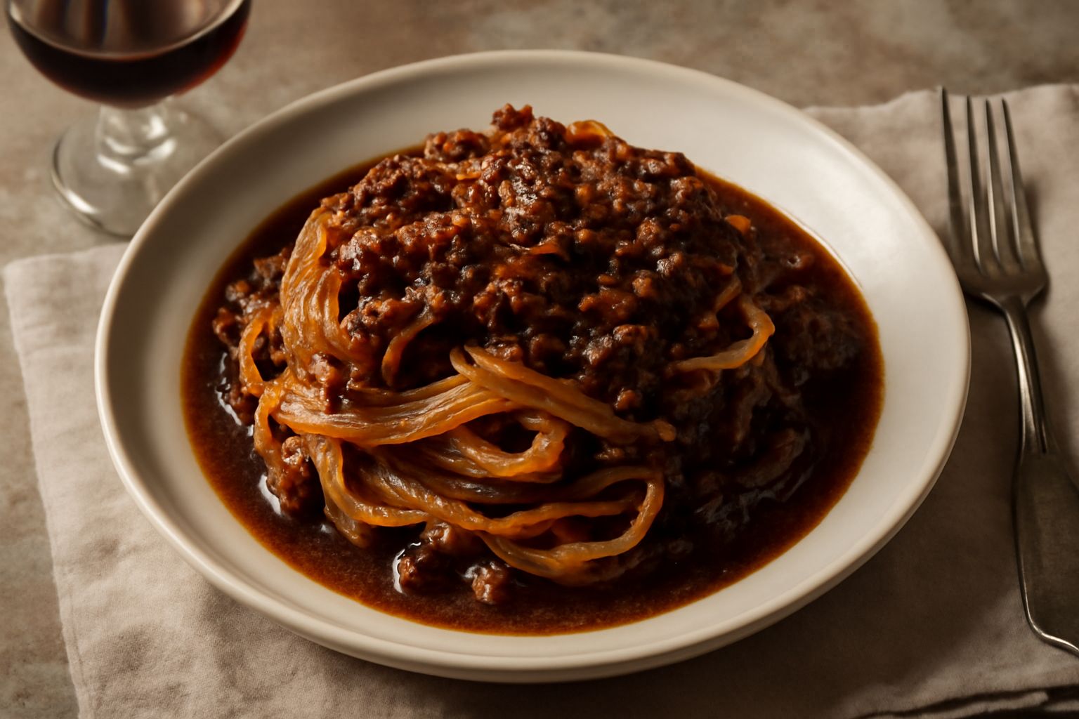 Piatto bianco con tagliatelle dorate ricoperte di sugo scuro e denso, guarnite con parmigiano grattugiato e una foglia di salvia, su tavolo di legno chiaro con bicchiere di vino rosso sfocato sullo sf