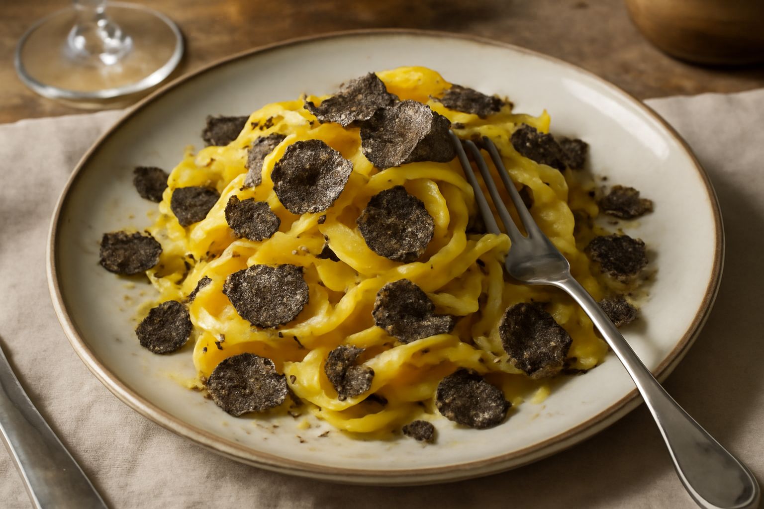 Piatto di tagliatelle al tartufo: pasta fresca giallo-beige arrotolata nel piatto, coperta di scaglie sottili di tartufo nero lucide, goccioline di burro lucido, spolverate di parmigiano bianco grattu