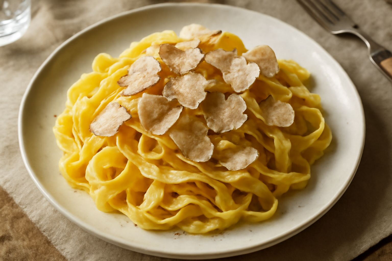 Piatto bianco con tagliatelle gialle al burro, tartufo bianco grattugiato in scaglie fini sulla superficie, leggera spruzzata di pepe nero, burro visibile sulle tagliatelle