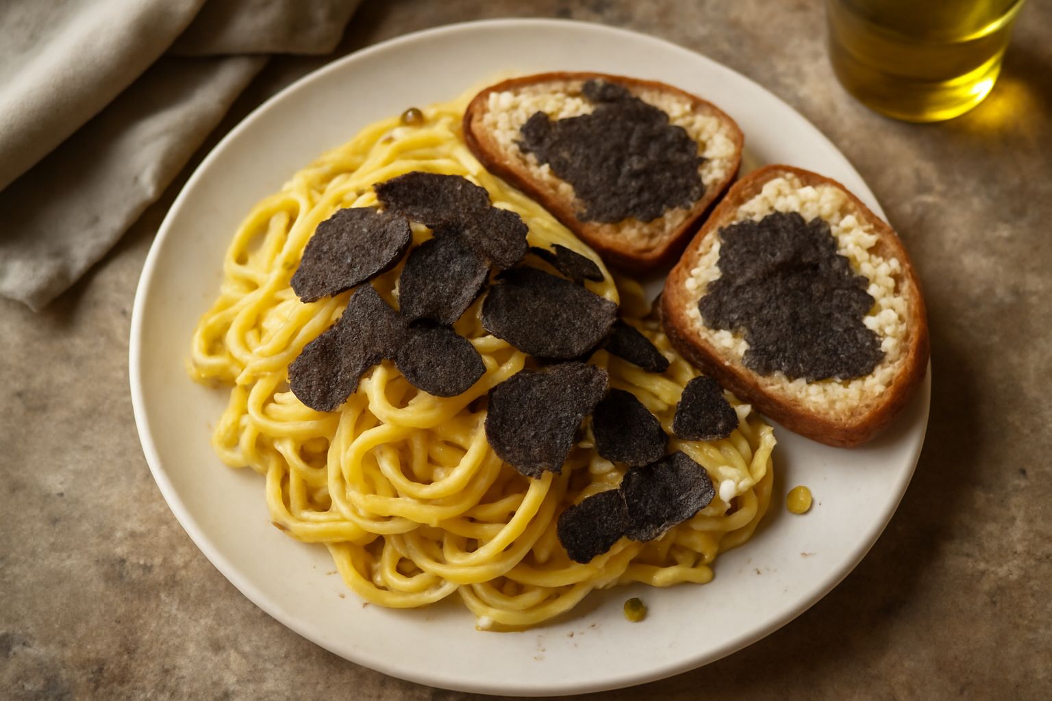 Tartufo nero di Montemaggiore intero e a spicchi su un tagliere di legno chiaro, con una grattugia accanto e foglie di prezzemolo fresco