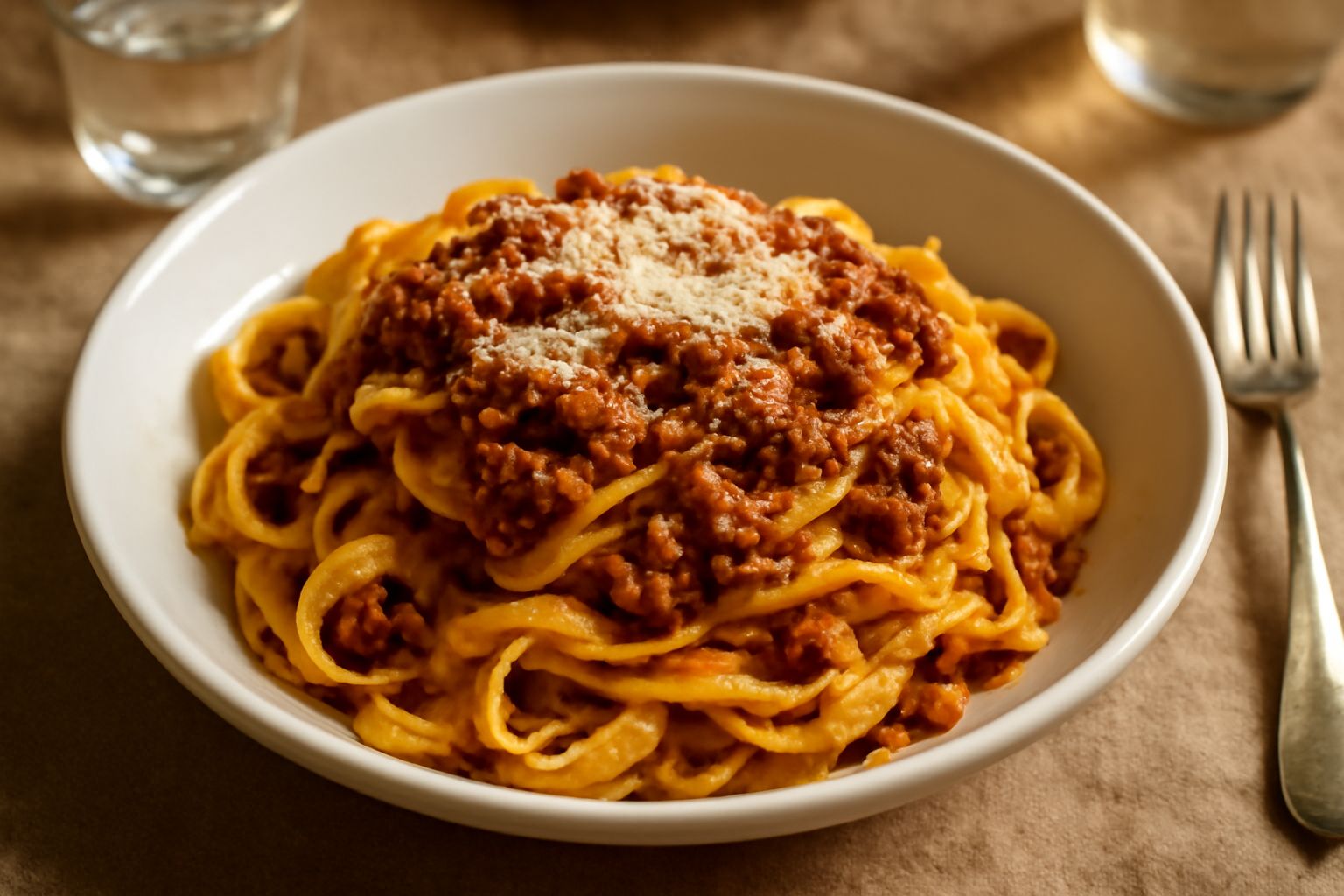 Piatto bianco con tagliatelle fresche dorate, condite con ragù marrone scuro, grattugia di parmigiano bianco in superficie, forchetta di lato, tovaglia di lino crema
