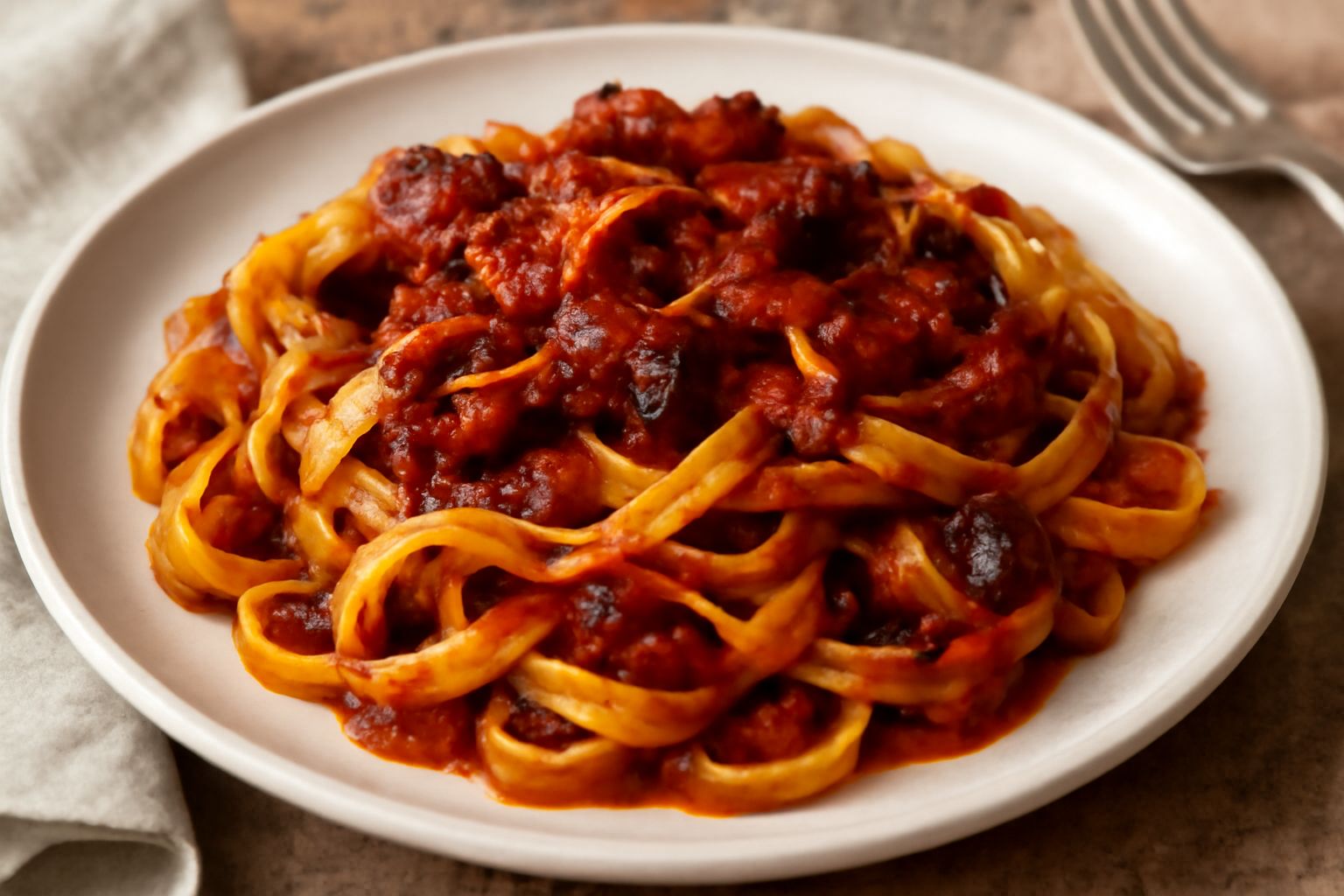 Tagliatelle larghe dorate ricoperte di ragù rosso-violaceo di melanzane e peperoni, guarnite con prezzemolo fresco e parmigiano grattugiato, nel piatto bianco