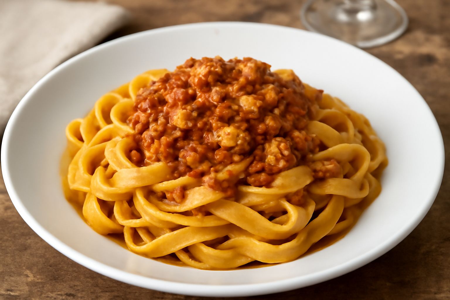 Tagliatelle gialle all'uovo avvolte attorno a una forchetta, condite con ragù color marrone rossastro di pesce, guarnite con prezzemolo verde fresco su piatto bianco.