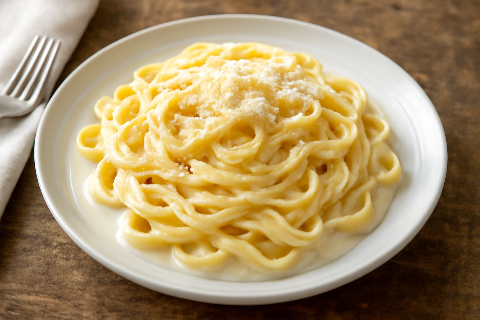 Piatto bianco con tagliatelle gialle ricoperte di salsa cremosa color avorio, guarnite con parmigiano reggiano grattugiato e un pizzico di noce moscata; tovaglietta di lino neutro sullo sfondo