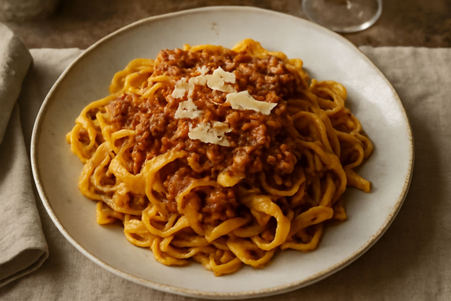 Piatto bianco con tagliatelle all'uovo color oro ricoperte di ragù marrone-rosso, completato da scaglie di parmigiano bianco e un filo d'olio, servito con bicchiere di vino rosso di sfondo