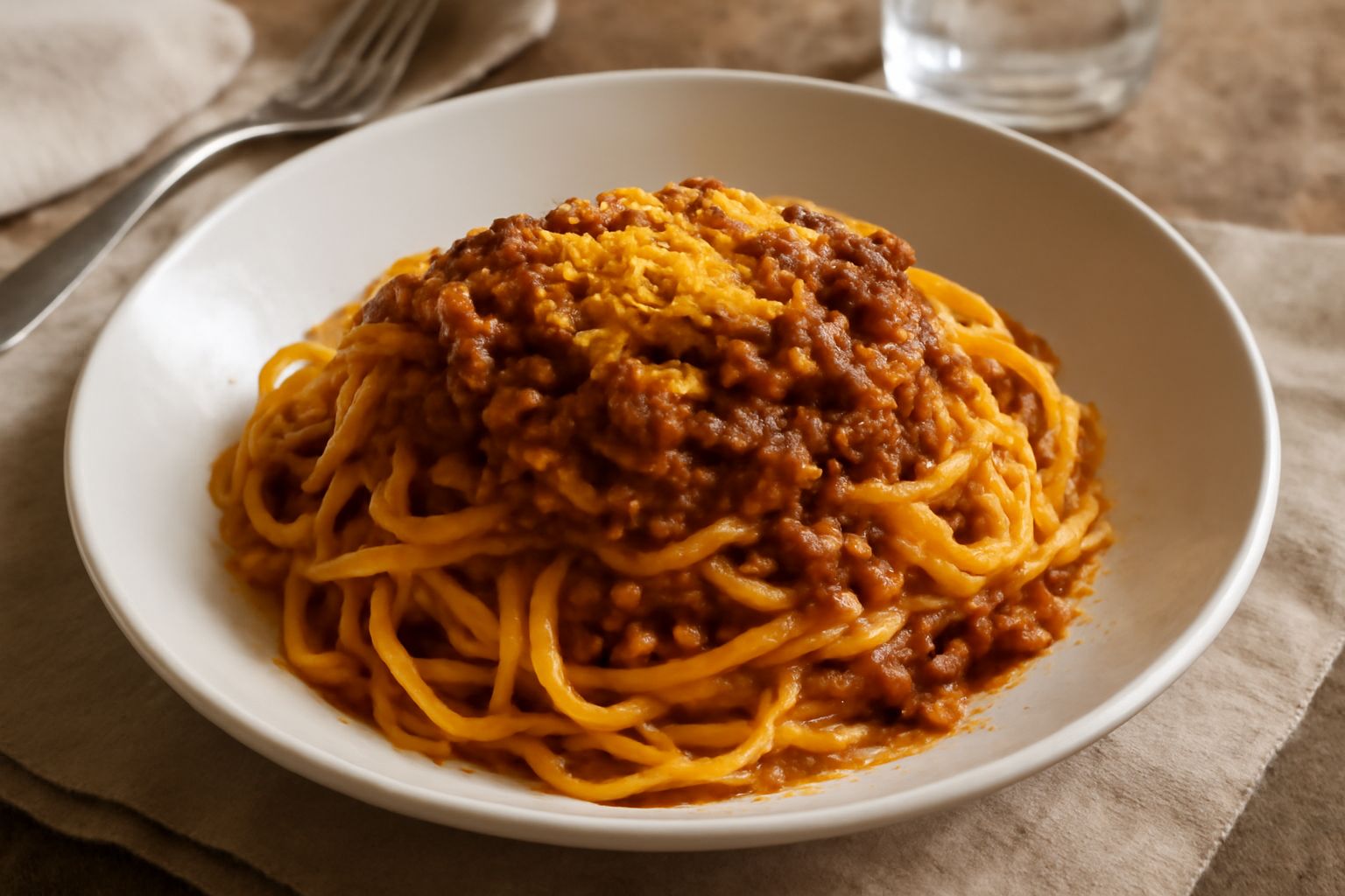 Piatto di tagliatelle bionde adagiate a nido, coperte da ragù marrone scuro con pezzetti di carne visibili, grattugia di parmigiano giallo in superficie, piatto bianco, posateria accanto