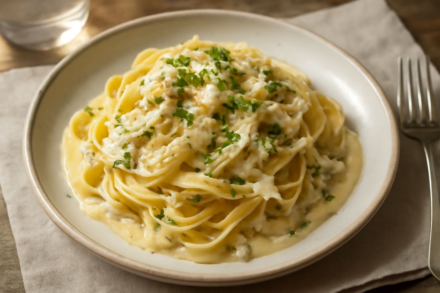Tagliatelle dorate e ondulate avvolte da una salsa bianco-crema con trucioli di pesce floccato, guarnite da prezzemolo fresco tritato e una grattugia di parmigiano, in un piatto bianco fondo
