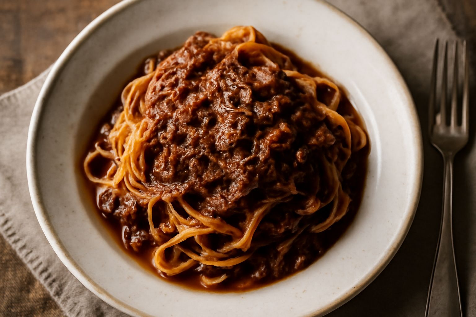 Tagliatelle alla lepre in piatto bianco, pasta dorata e setosa ricoperta da ragù scuro e profumato, grattugia di parmigiano reggiano sopra, contorno di verdure cotte