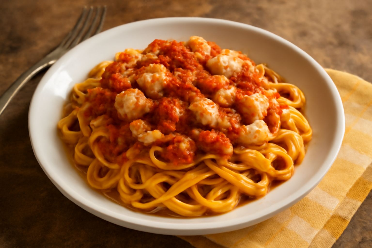 Piatto di tagliatelle all'uovo giallo oro condite con ragù di pesce misto, pomodoro rosso intenso e pepe nero macinato fresco, servite in un piatto bianco fondo con rametto di prezzemolo verde.
