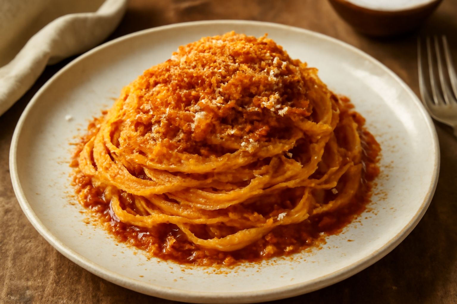 Piatto fondo di tagliatelle dorate in nido, condite con ragù marrone scuro e sparse di pangrattato dorato croccante, con una grattugia di formaggio in cima, su sfondo bianco