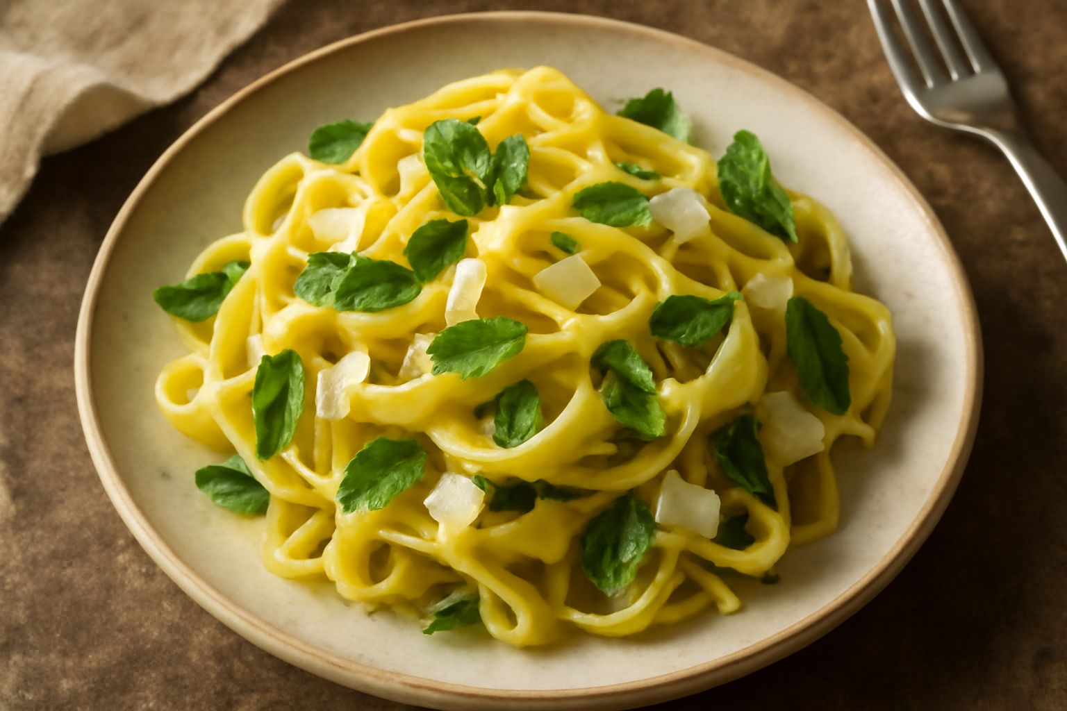 Tagliatelle gialle e burrantine in un piatto bianco, condite con foglie verdi di menta fresca, grattugia di parmigiano bianco e una noce di burro dorato
