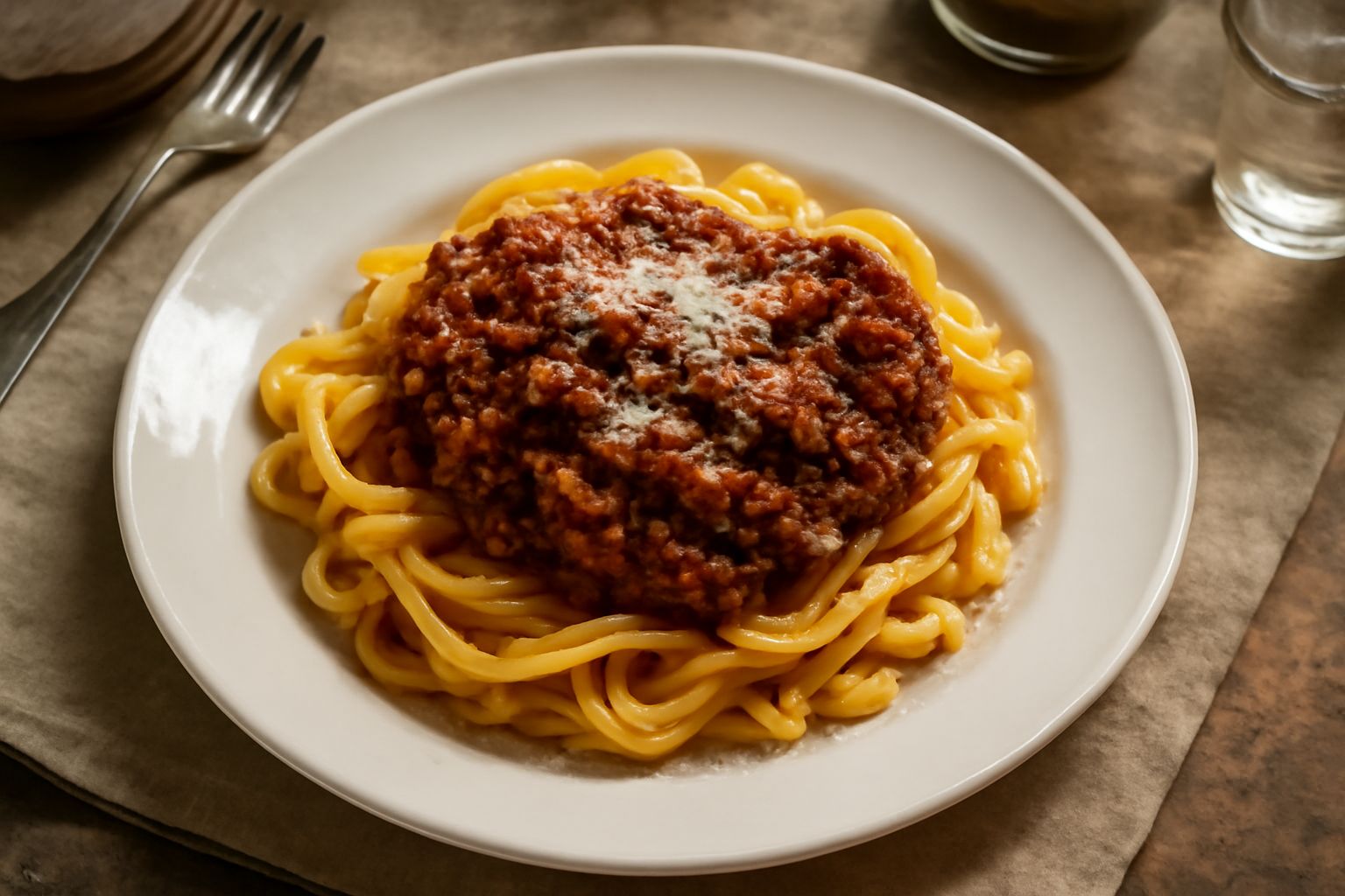 Piatto di tagliatelle all'uovo di colore giallo paglierino, condite con ragù marrone scuro, guarnite con scaglie bianche di pecorino grattugiato, servite su piatto di ceramica bianca