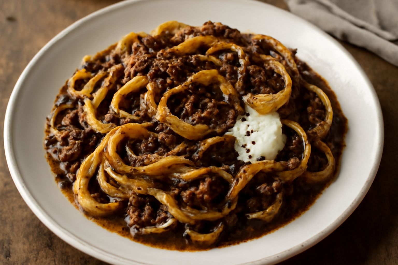 Tagliatelle gialle su piatto bianco, ricoperte da ragù marrone scuro con venature nere di tartufo, panna bianca integrata nella salsa, grana grattugiato e fettina di tartufo in cima