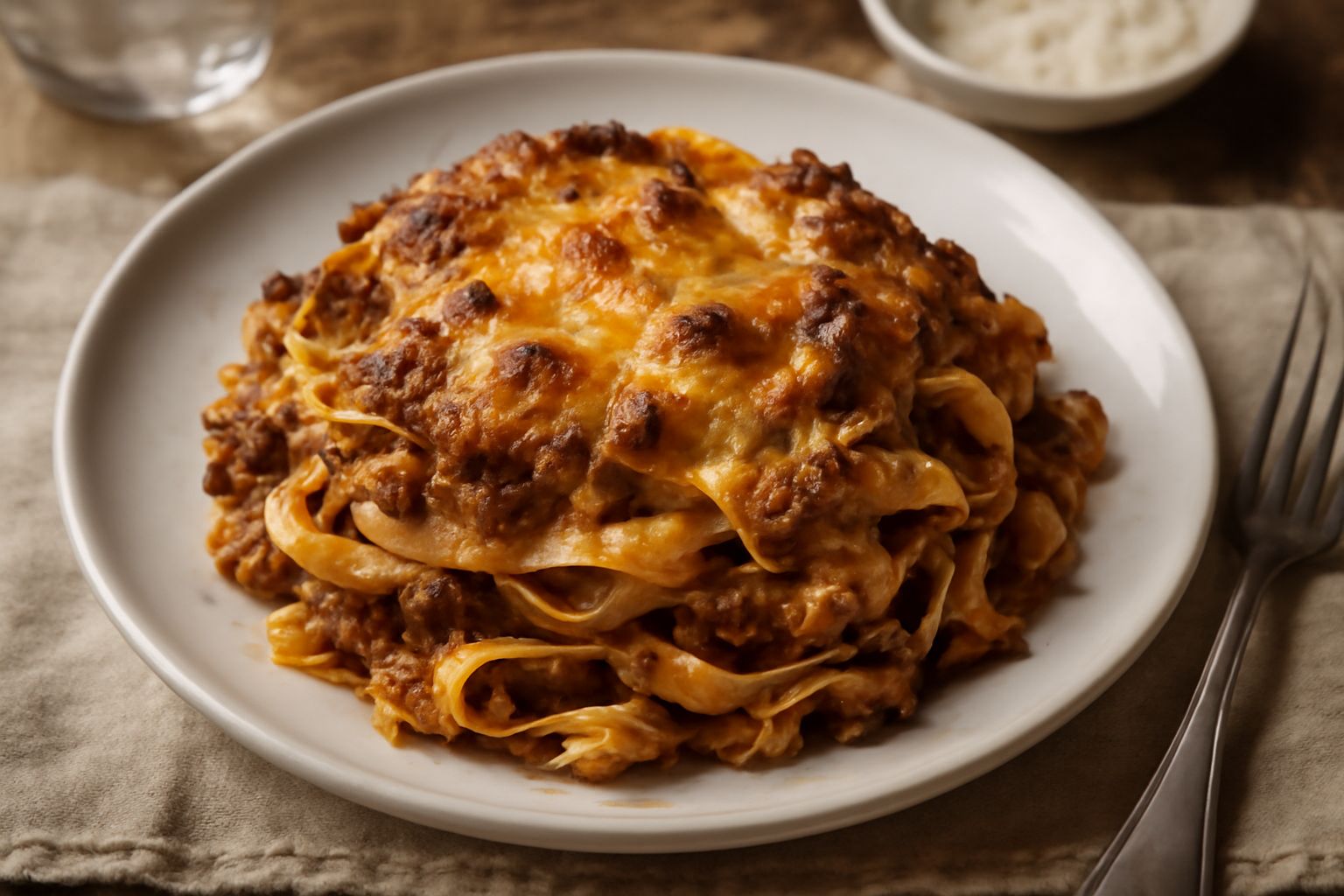Tagliatelle al forno servite in un piatto bianco, con superficie dorata gratinata, vapore appena uscito, ragù marrone scuro visibile tra le pasta, bordo di besciamella cremosa.