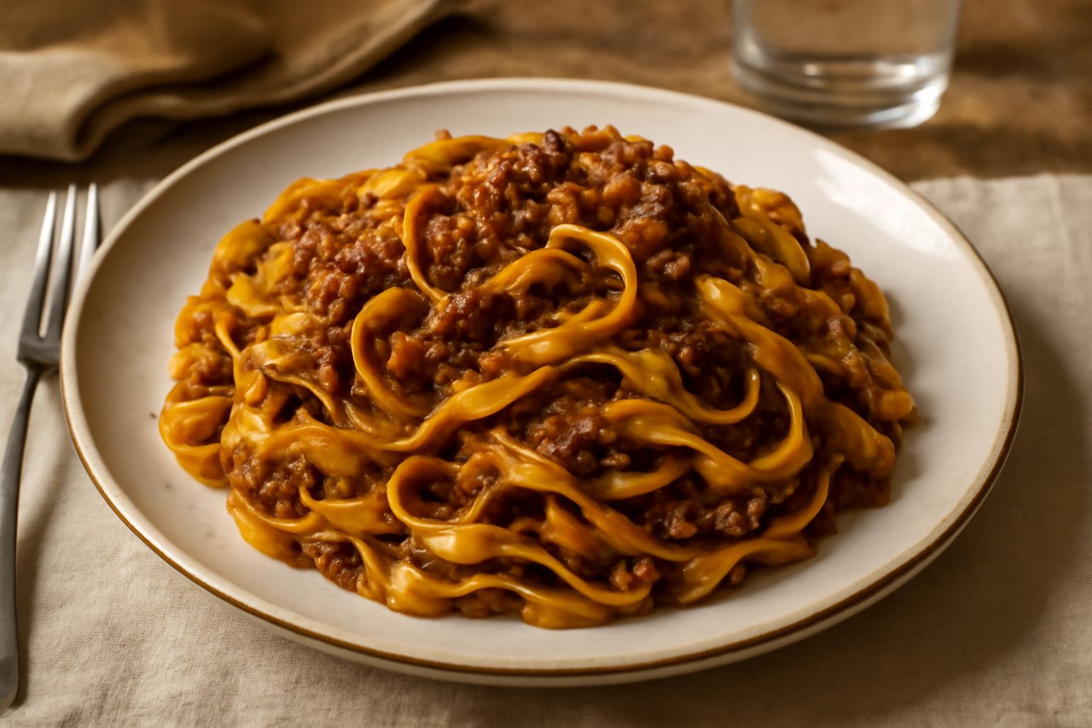 Piatto di tagliatelle all'uovo color oro acido, condite con ragù di carni marrone scuro, guarnite con parmigiano grattugiato bianco e prezzemolo verde, servite in piatto bianco fondo