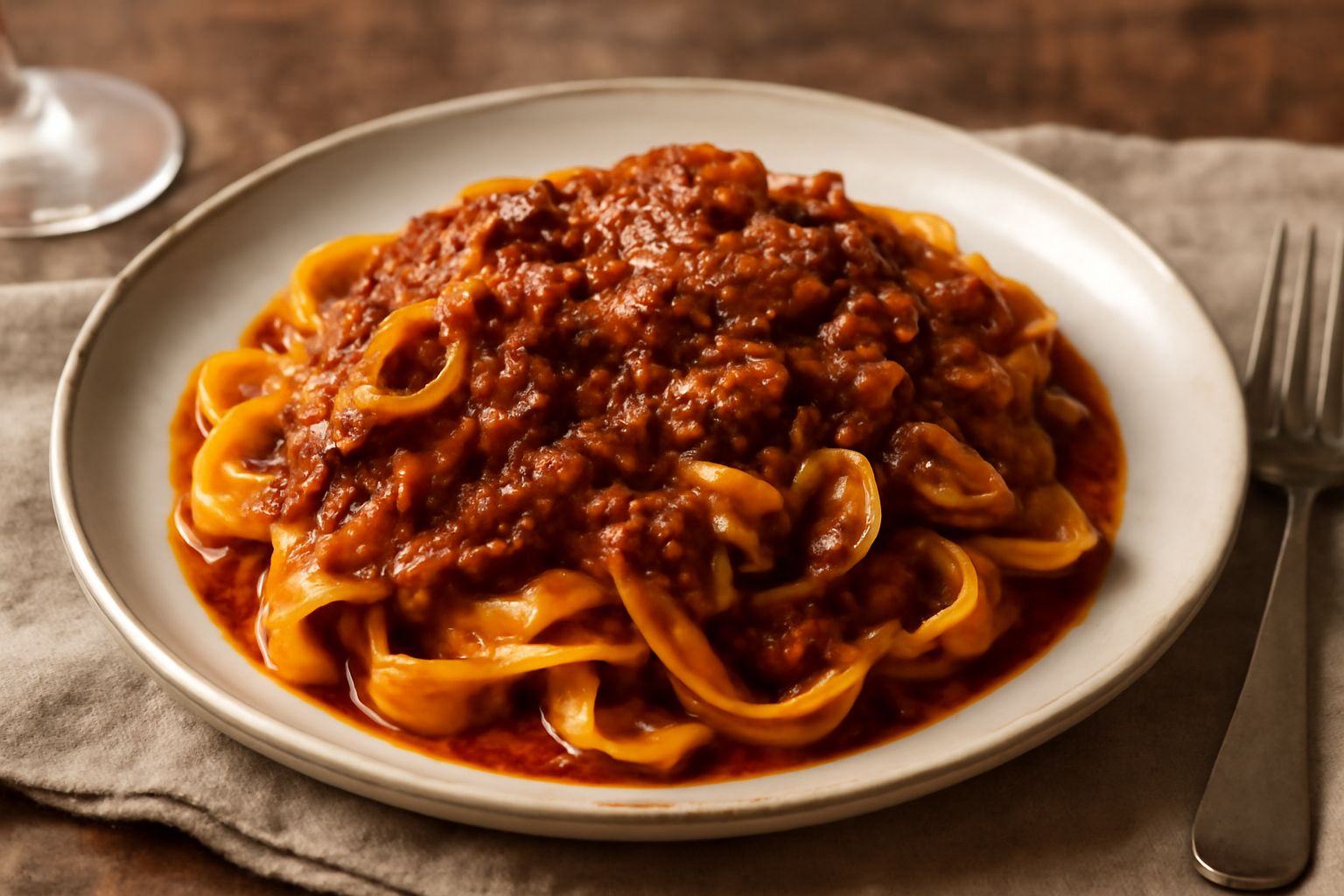 Tagliatelle fresche fatte in casa, larghe e ondulate, condite con ragù scuro di pesce e molluschi, ricoperte di parmigiano grattugiato e prezzemolo fresco verde, servite in piatto fondo bianco