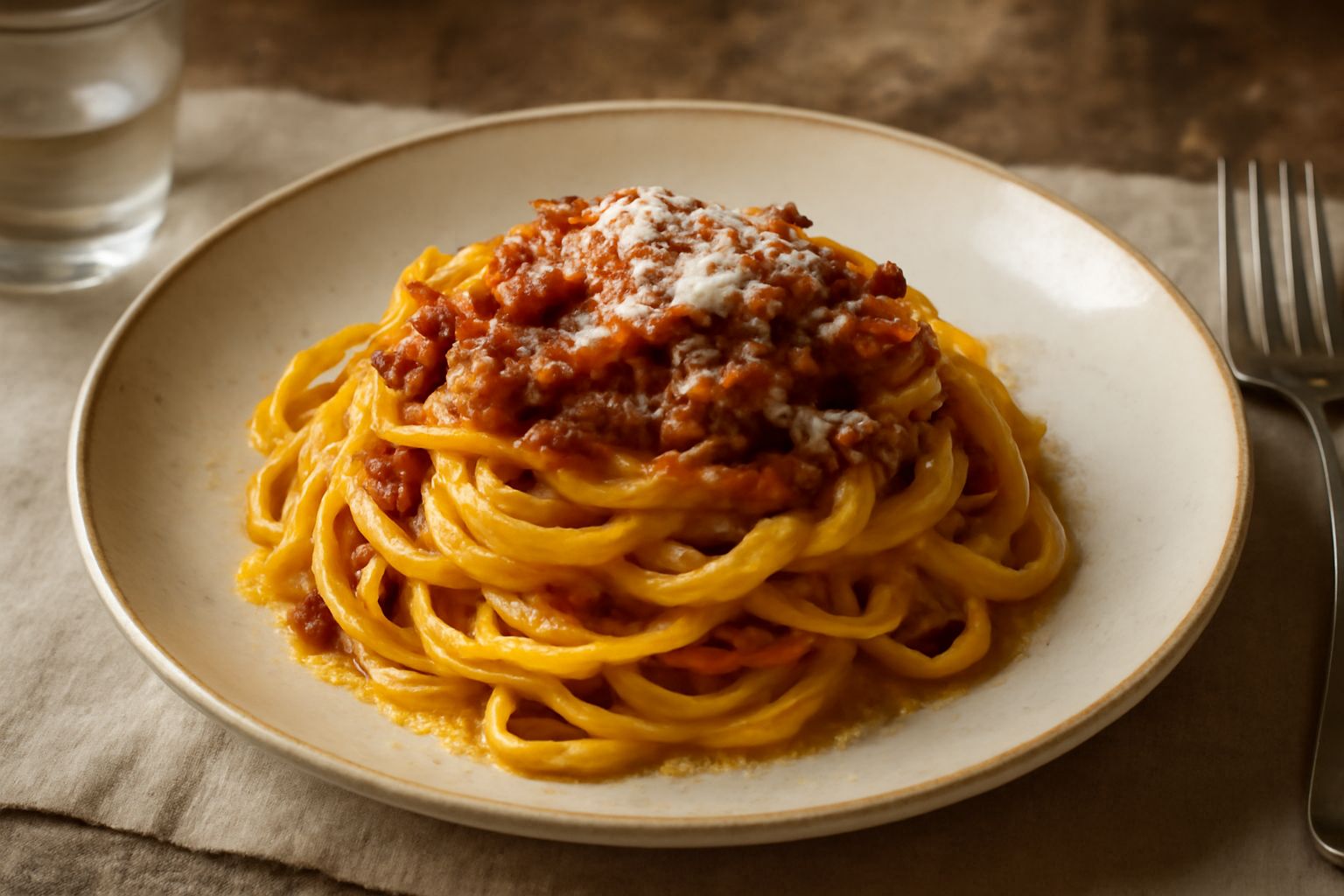 Piatto bianco con tagliatelle all'uovo color ambra, condite con ragù marrone scuro, grattugia di parmigiano bianco e cucchiaio in acciaio accanto