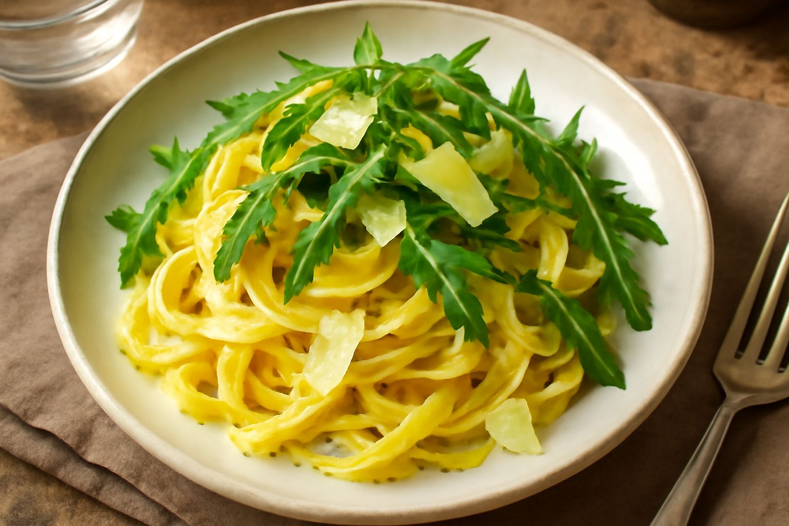 Un piatto di ceramica bianca con tagliatelle gialle coperte di rucola verde brillante, panna bianca e scaglie di parmigiano dorato, olio d'oliva lucido in superficie