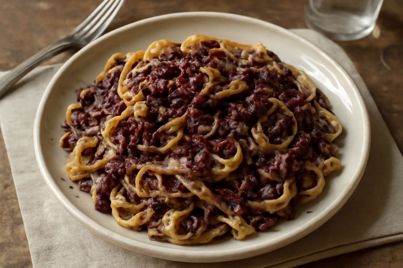 Tagliatelle gialle al piatto coperte di radicchio rosso caramellato e pancetta croccante, cosparse di parmigiano grattugiato bianco, servite in un piatto fondo bianco