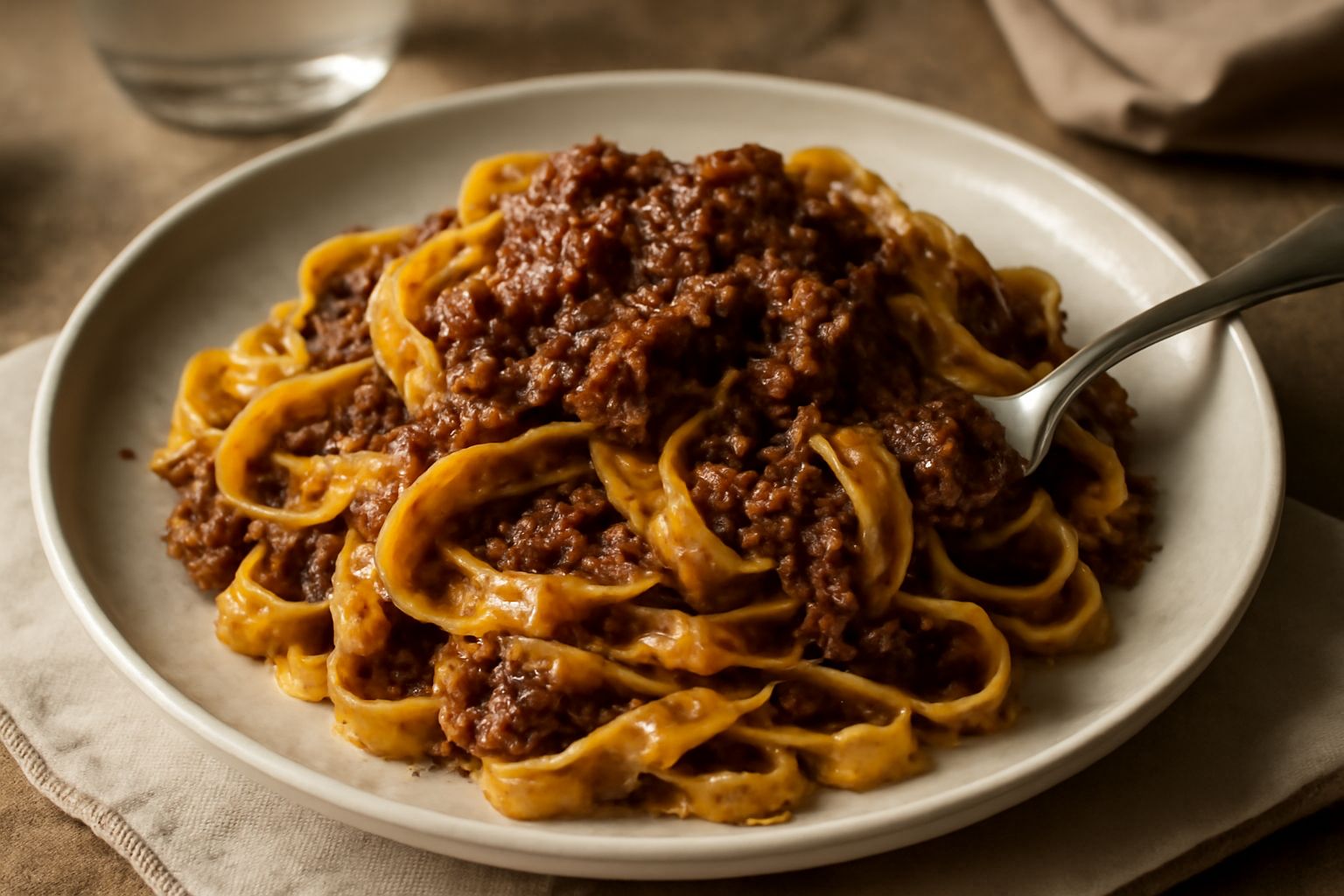 Piatto di tagliatelle all'abruzzese con ragù di carne scuro e denso, pezzi di carne visibili nel sugo, pasta gialla e soffice, pecorino romano grattuggiato in superficie, su un piatto bianco fondo