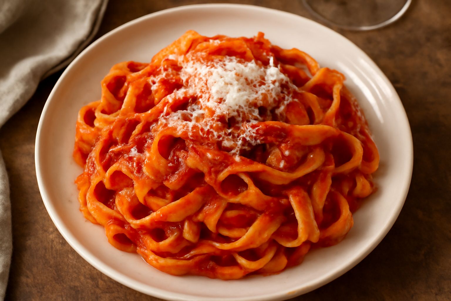 Piatto bianco con tagliatelle condite di rosso scuro, strisce di guanciale croccante dorate sparse in superficie, grana di Pecorino Romano bianco e peperoncino rosso visibile, vapore leggero