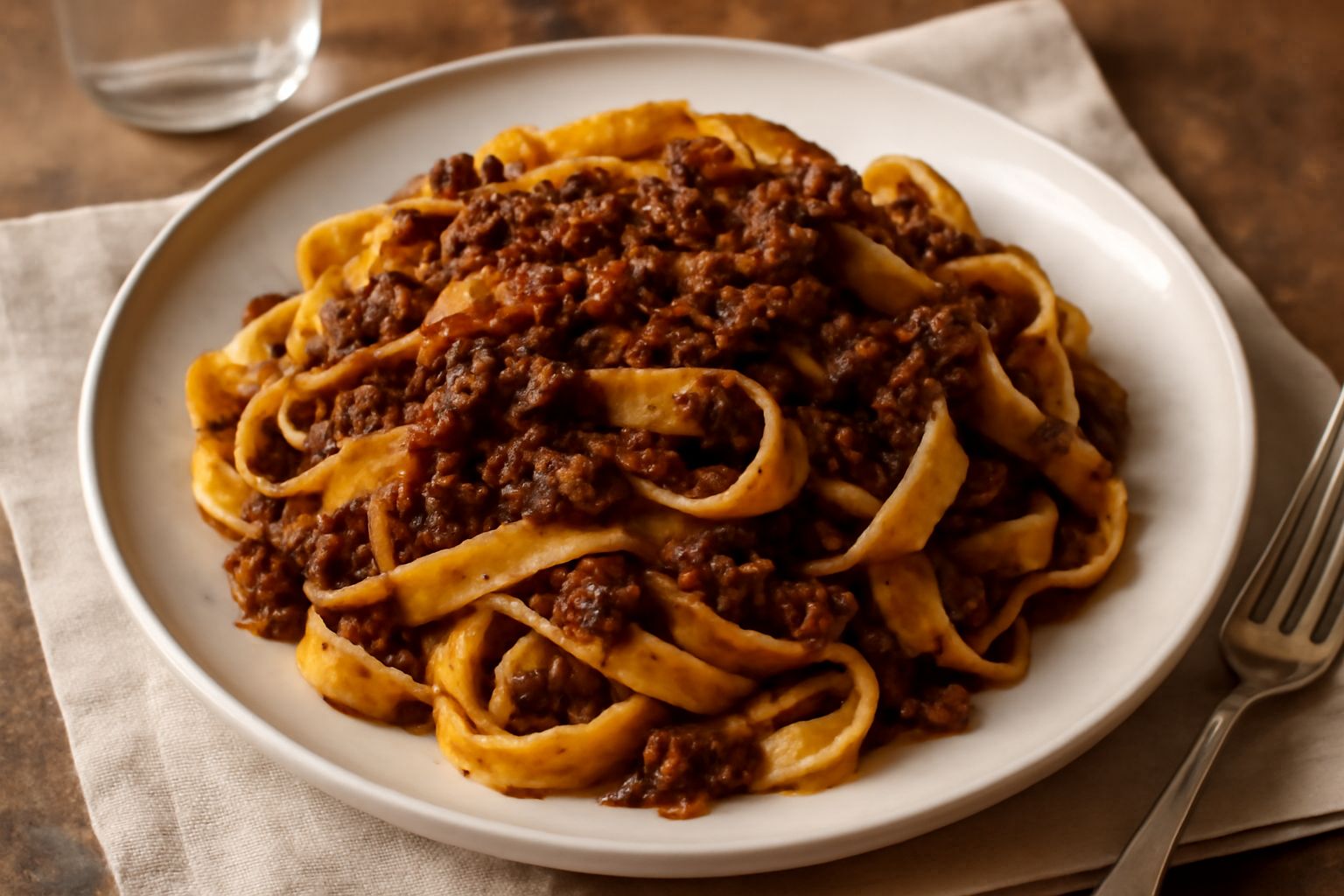 Tagliatelle all'ascolana servite in piatto bianco: nastri di pasta gialla rivestiti di ragù scuro e denso, spolverati di parmigiano grattugiato, con gocce di ragù visibili