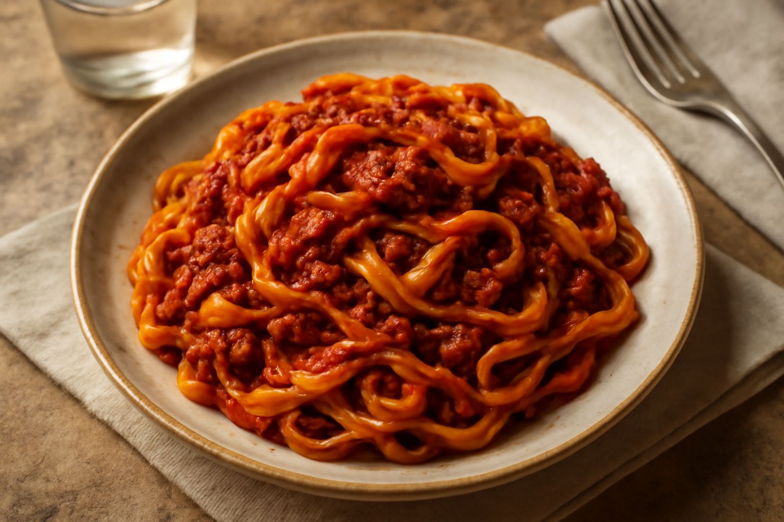 Tagliatelle larghe e dorate avvolte attorno a una forchetta, condite con ragù rosso scuro di carne, servite in un piatto bianco fondo con formaggio grattugiato e basilico fresco sopra