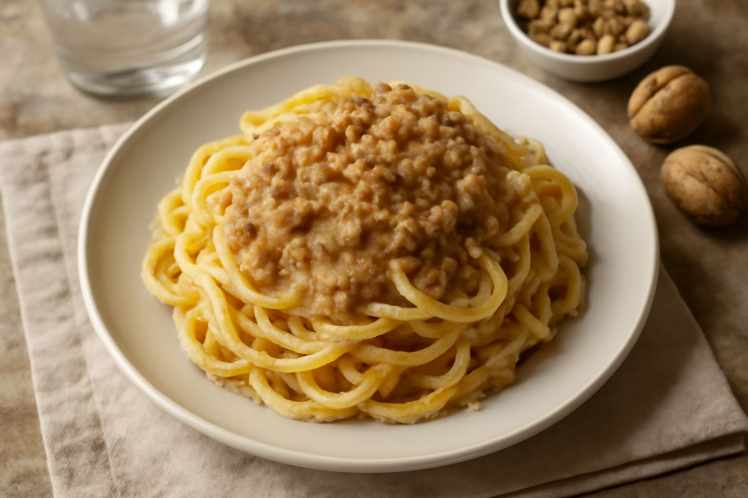 Tagliatelle gialle in piatto bianco ricoperte di sugo marrone-nocciola denso fatto di noci pestate, burro fuso e parmigiano grattugiato; decorazione finale di un frammento di noce e foglia di prezzemo