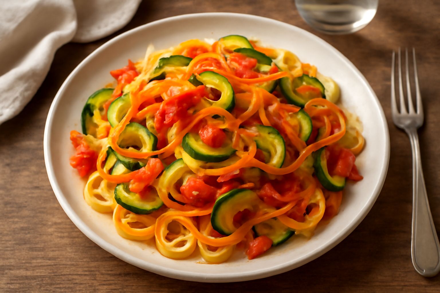 Piatto di tagliatelle dorate ricoperte da verdure fresche tagliate finemente: zucchine verde chiaro, pomodori rossi, carote arancioni. Cosperse di parmigiano bianco grattugiato, con una foglia di prez