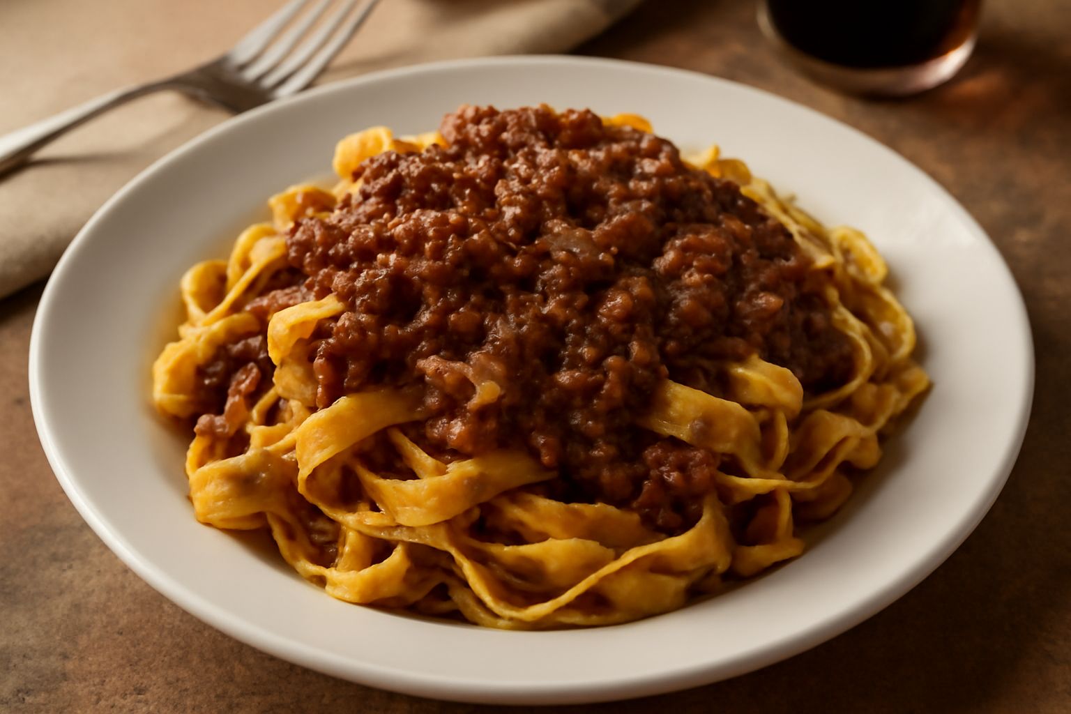 Piatto di tagliatelle fresche dorate condite con ragù marrone scuro di cacciagione, guarnite con pecorino romano grattugiato e prezzemolo verde, in ciotola di ceramica bianca