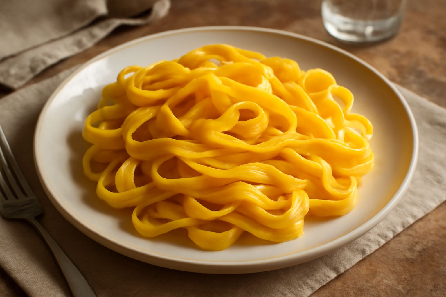 Tagliatelle all'uovo dorate arrotolate in nido su piatto bianco, illuminate lateralmente, con farina residua sulla superficie e bordi leggermente ondulati