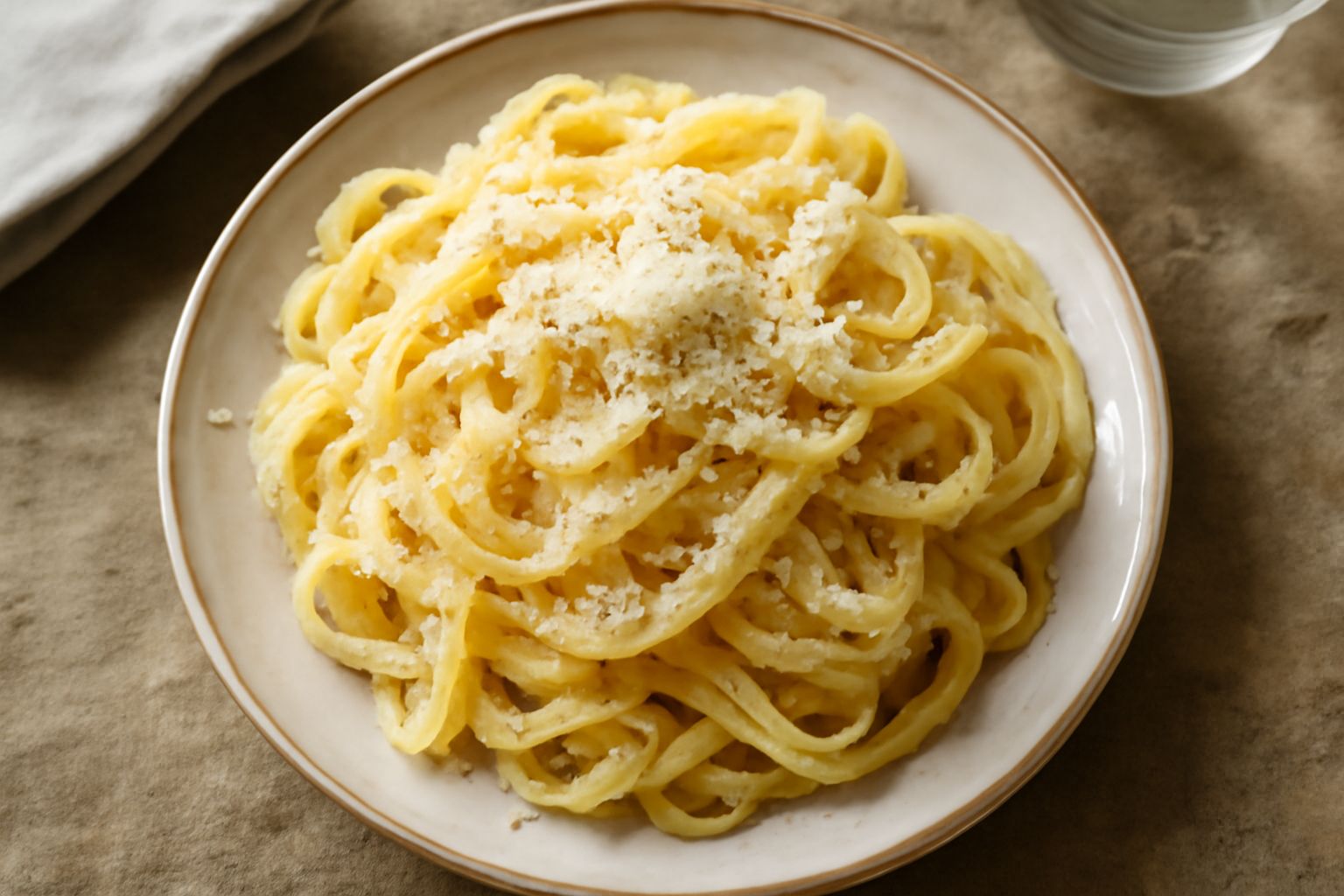 Piatto di tagliatelle burro e formaggio servite in una ciotola di ceramica bianca, con strisce gialle e cremose di pasta legate da burro dorato, ricopertura di scaglie di parmigiano grattugiato, pepe 