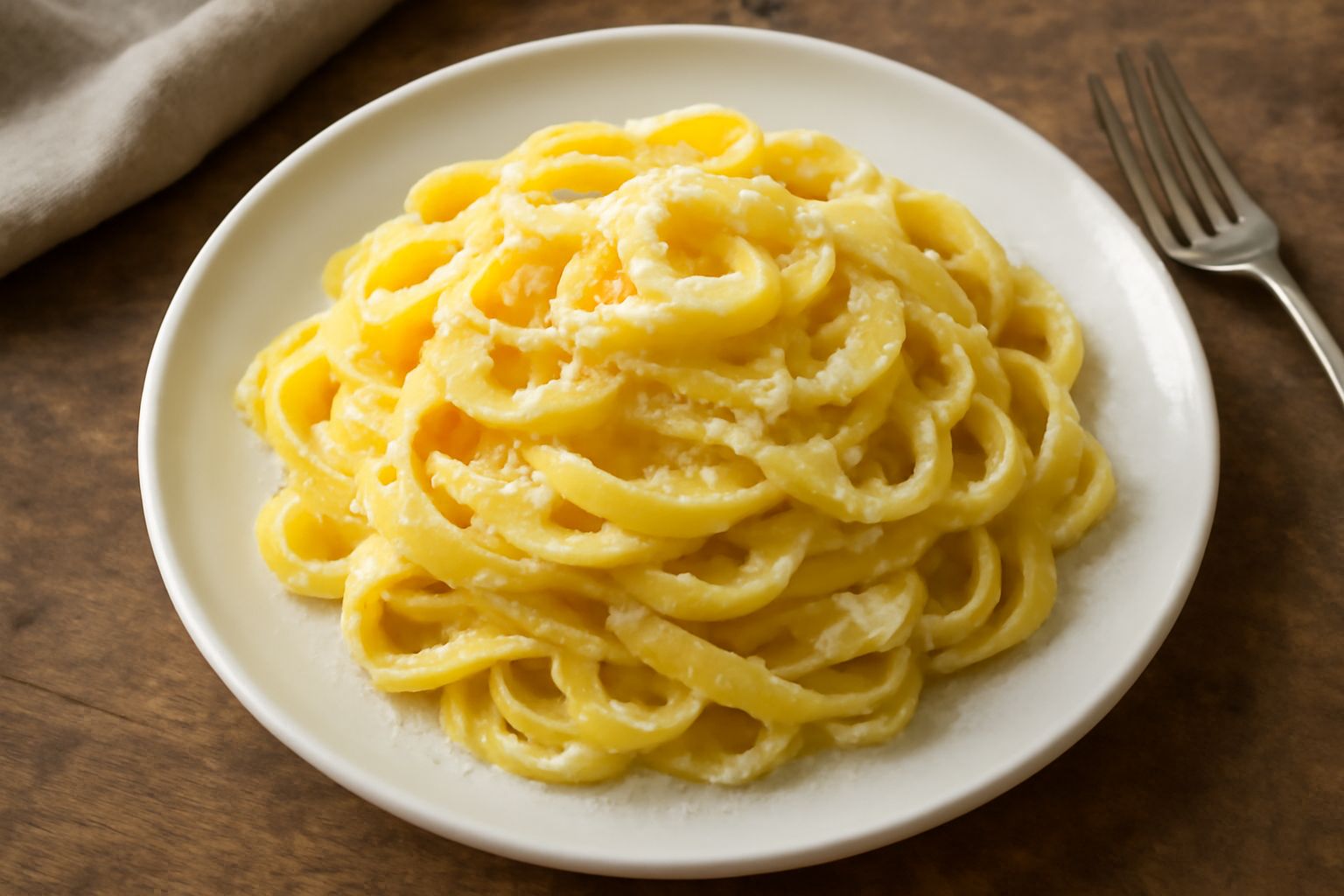 Piatto di tagliatelle dorate con burro cremoso e parmigiano grattugiato bianco, contornate da trucioli di parmigiano, servite in piatto bianco fondo con forchetta di lato