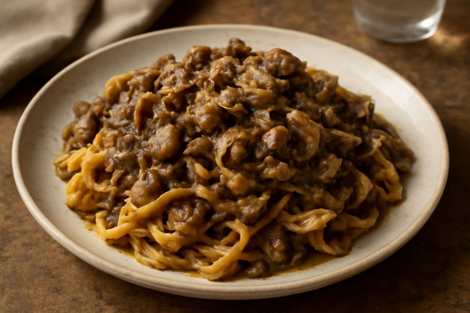 Piatto di tagliatelle bionde in salsa di funghi marroni e champignon, guarnito con prezzemolo verde e parmigiano grattugiato, sfondo bianco