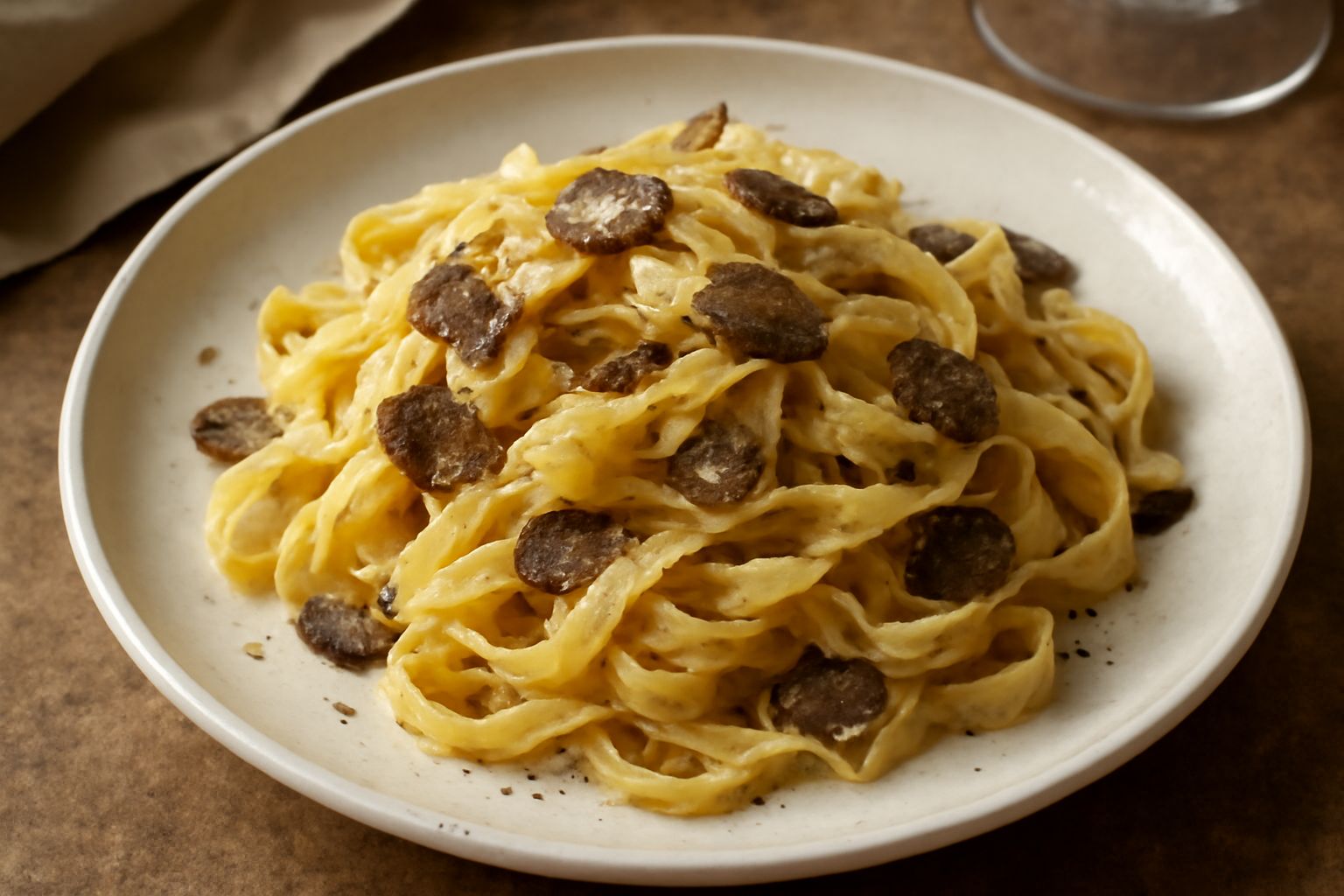 Tagliatelle dorate e ondulate legate da burro lucido, coperte di scaglie sottili di tartufo nero opaco, in piatto bianco fondo, vapore leggerissimo visibile, nessun contorno