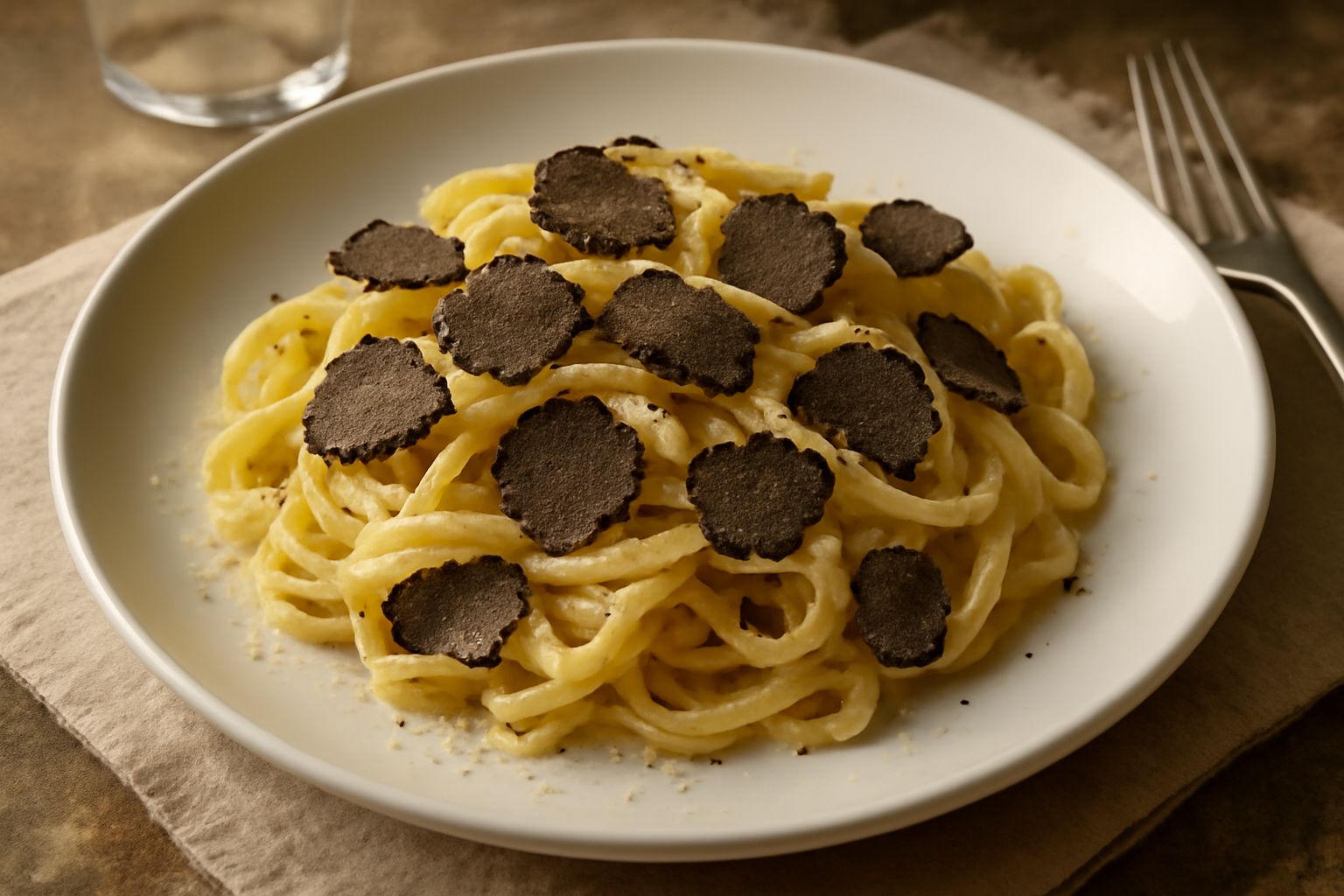 Tagliatelle appena servite in piatto bianco, condite con burro lucido e scaglie sottili di tartufo nero, guarnite con trucioli di parmigiano e grani di pepe nero, vapore leggero che sale dalla pasta c