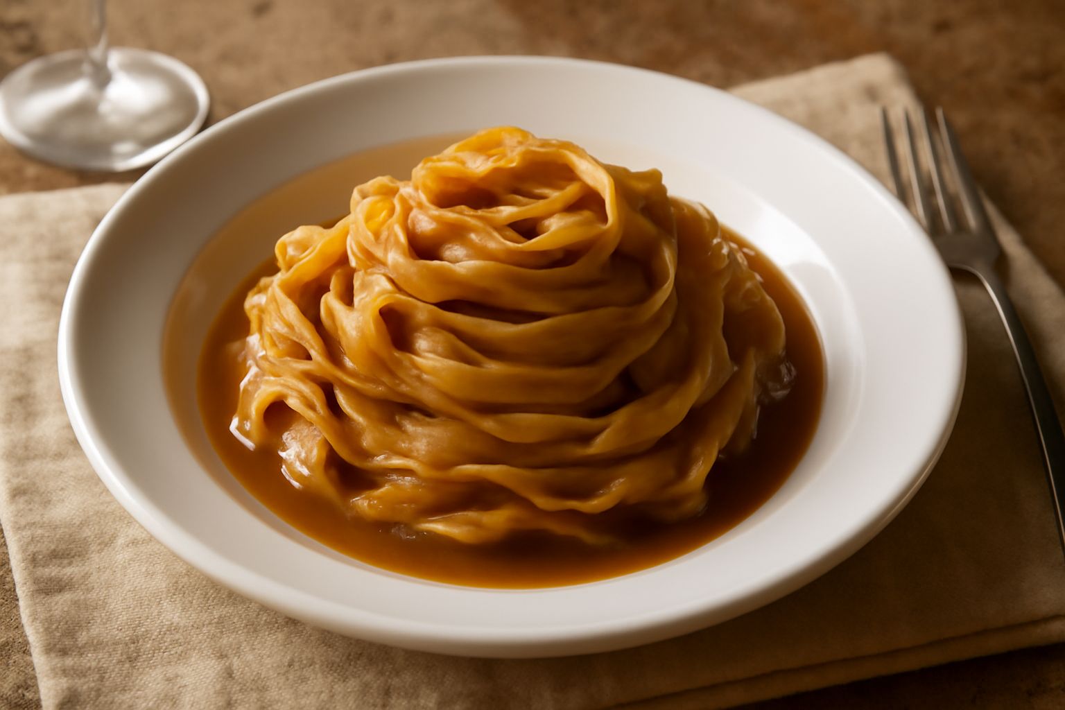 Piatto di tagliatelle dorate avvolte attorno alla forchetta, condite con acciughe sciolte che creano una salsa bruna, grani di pepe nero visibili, prezzemolo fresco verde su un piatto bianco