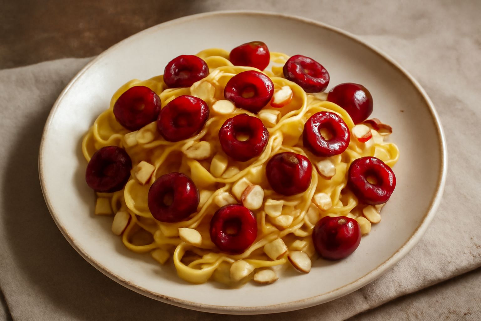 Tagliatelle al burro condite con ciliegie rosse fresche, mandorle affettate tostate e una pioggia di parmigiano, servite in un piatto bianco fondo su sfondo scuro