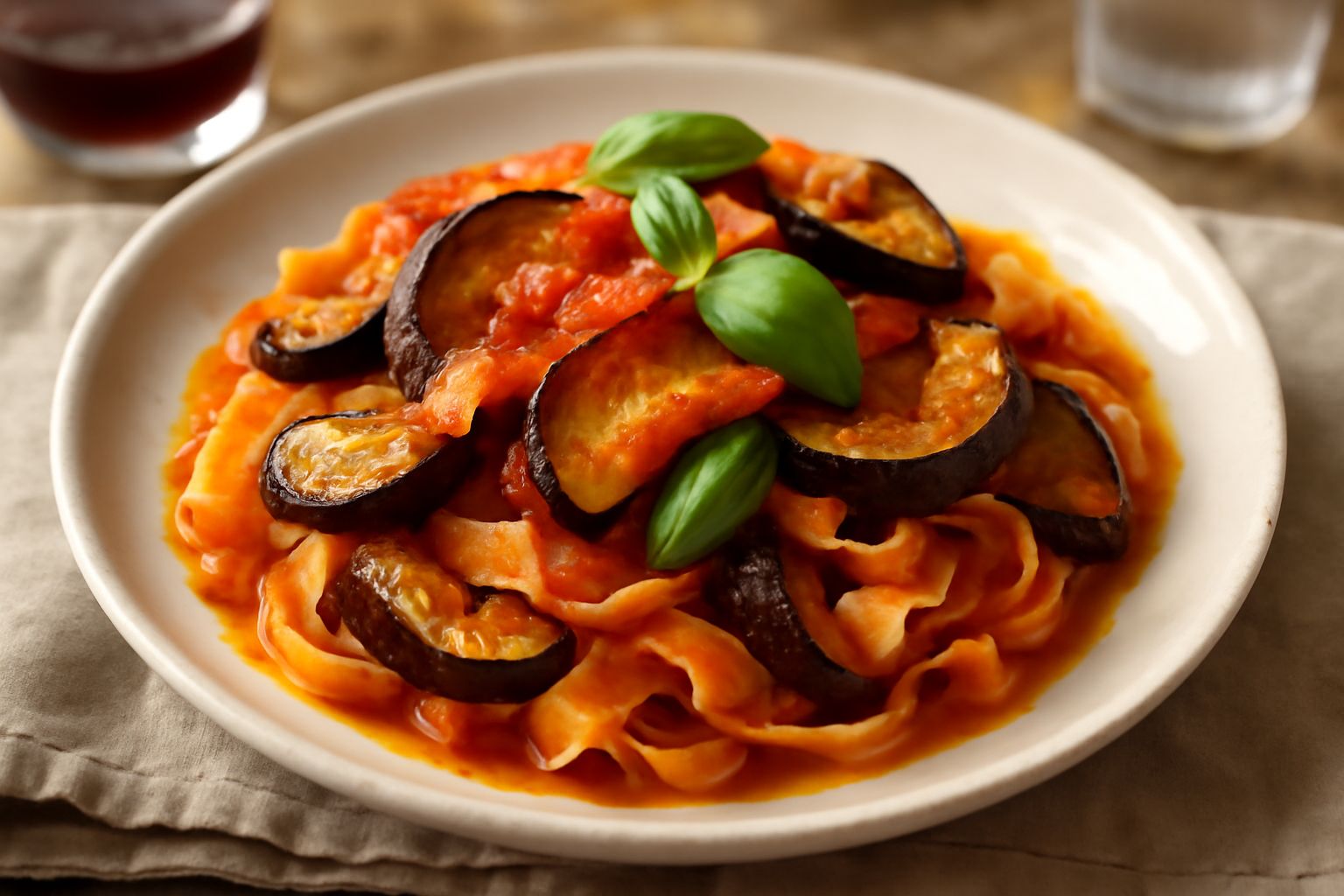 Tagliatelle fresche di color giallo pallido avvolte attorno a fette di melanzana viola scuro fritte, ricoperte di sugo rosso di pomodoro, foglie di basilico verde e gocce di olio d'oliva lucido nel pi