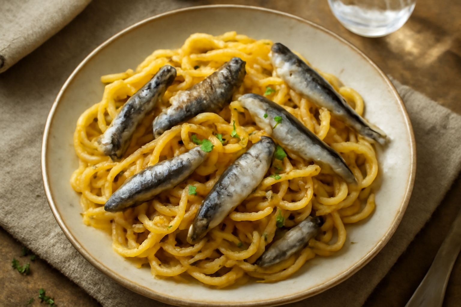 Tagliatelle dorate condite con sardele intere argentate, aglio dorato, olio verde e prezzemolo fresco, servite in piatto bianco con limone a spicchi
